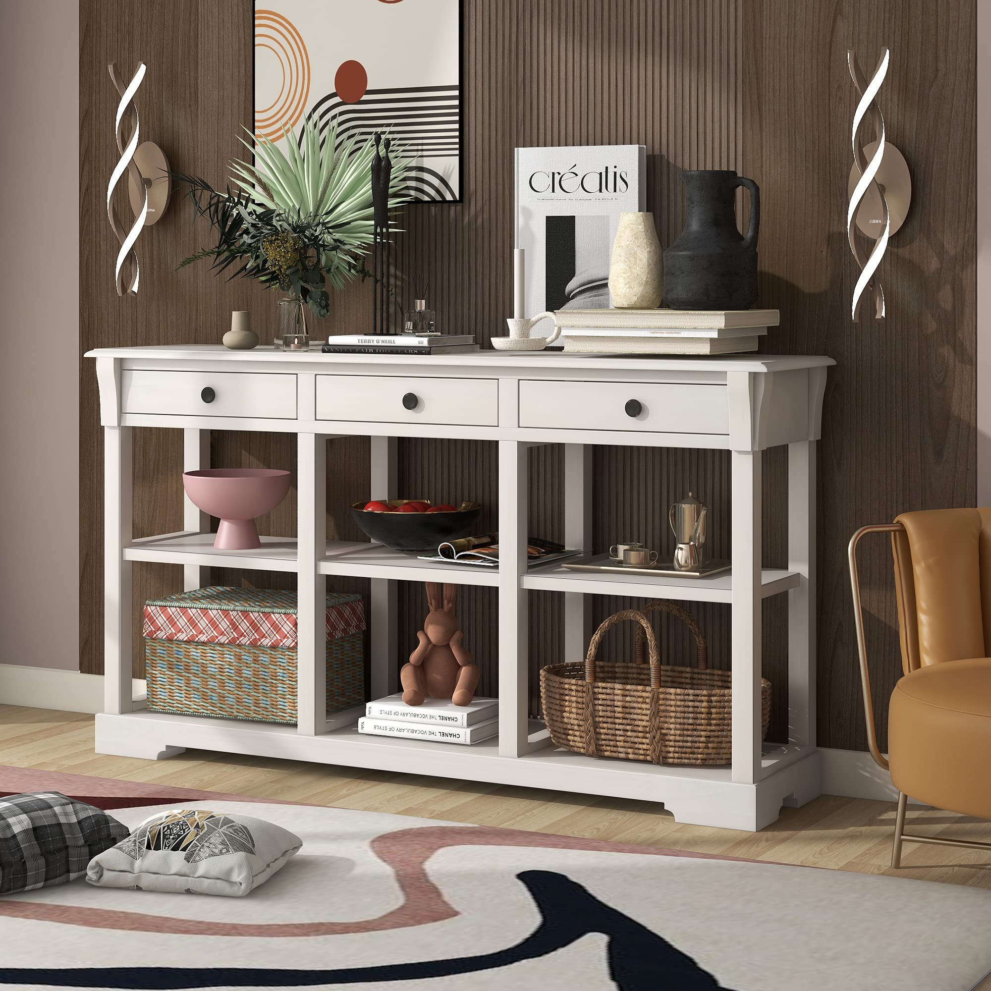 Vintage Retro Console Table Sofa Table - Solid Wood Sideboard with 3 Drawers & 2-Tier Open Shelf for Living Room, Entryway, Kitchen - Antique White Finish | Perfect for Hallway Decor, Farmhouse Style Home, Small Space Storage Solution