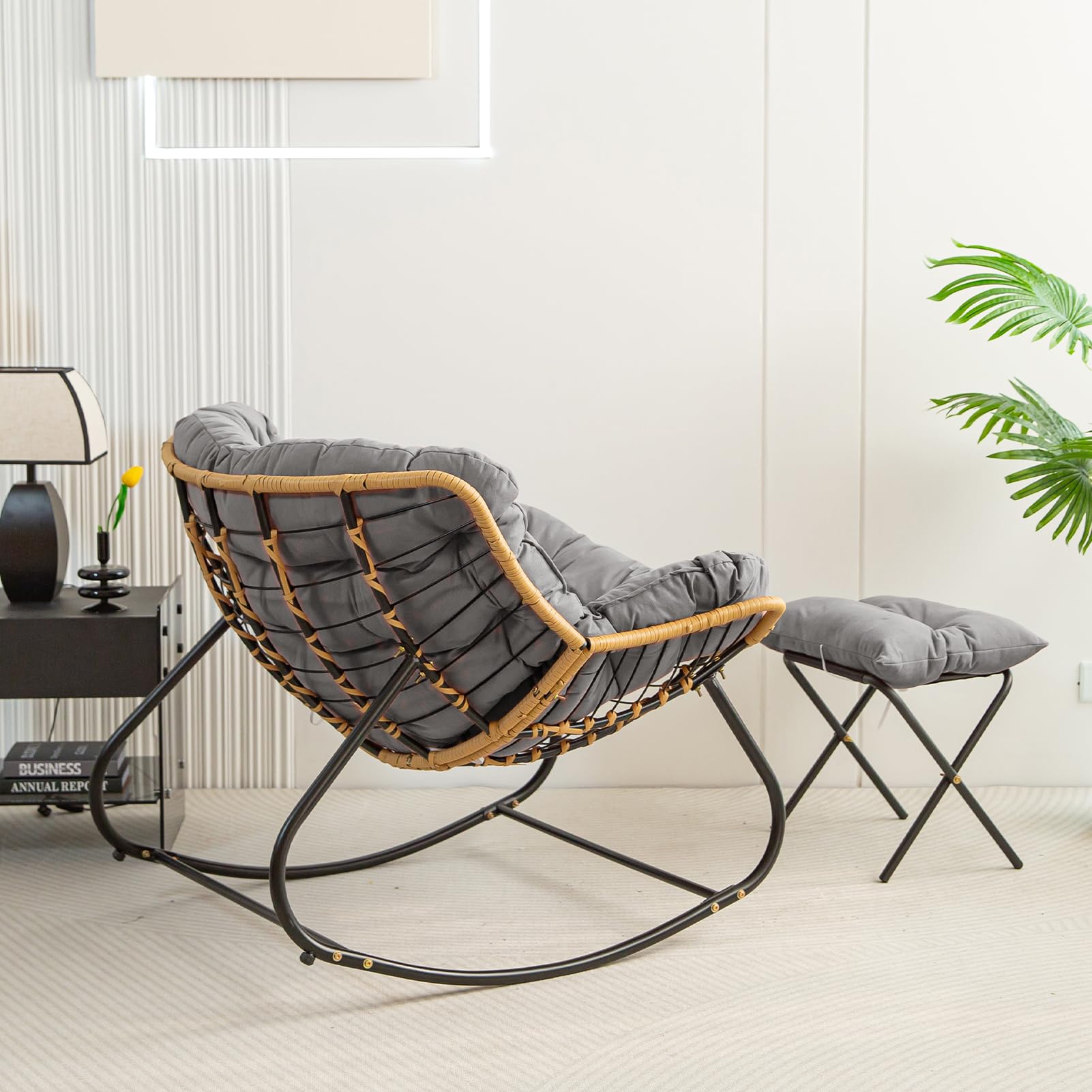 HIGOGOGO Patio Papasan Rocking Chair Set with Cushion & Ottoman - Indoor/Outdoor Egg Chair, Comfortable Rattan Wicker Lounge Chair for Living Room, Bedroom, Porch, Garden - Charcoal - Perfect for Relaxing, Reading & Sunbathing