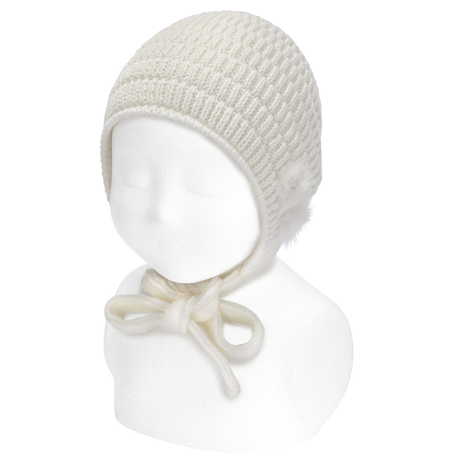 Ivory Knitted Winter Bonnet with Faux Fur Pom Poms - Warm Beanie Hat for Women & Girls - Perfect for Cold Weather, Snow Days & Outdoor Activities