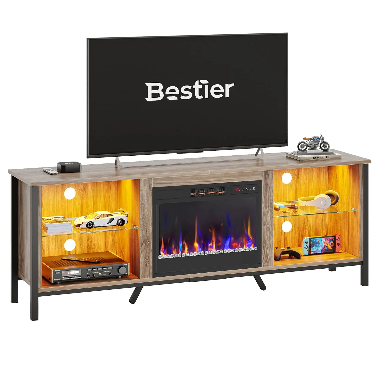 Bestier Modern LED Fireplace TV Stand with Electric Heater - 60 Inch Entertainment Center for Living Room, Bedroom & Home Theater