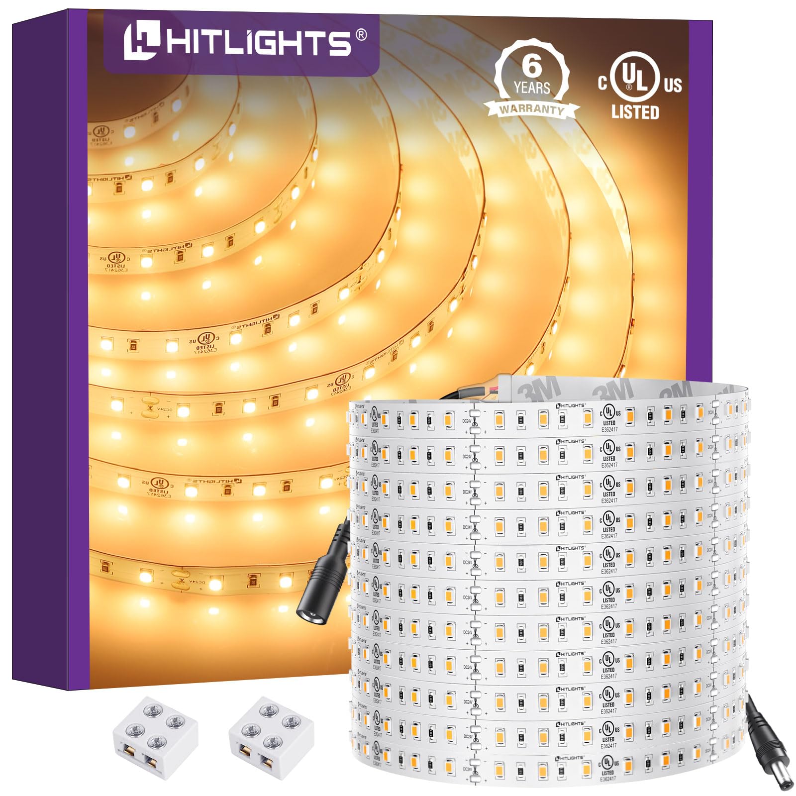 HitLights 24V LED Strip Lights Warm White 2700K - 26.2ft Cuttable Tape Backed 3oz PCB - UL Listed - 1325 Lumen/m - CRI>95 - IP20 - Perfect for Bedroom, Kitchen, Under Cabinet Lighting (Power Source Not Included) - Create Cozy Ambiance for Home Decor & Accent Lighting