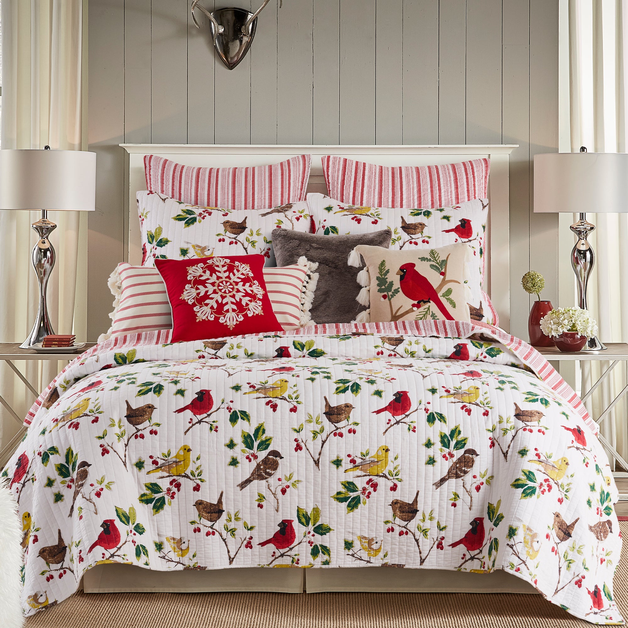 Joy Birds Cardinal Embroidered Tassel Pillow - Handmade Decorative Throw Pillow Cover for Sofa, Bed, Couch - Perfect for Living Room, Bedroom, Nursery Home Decor