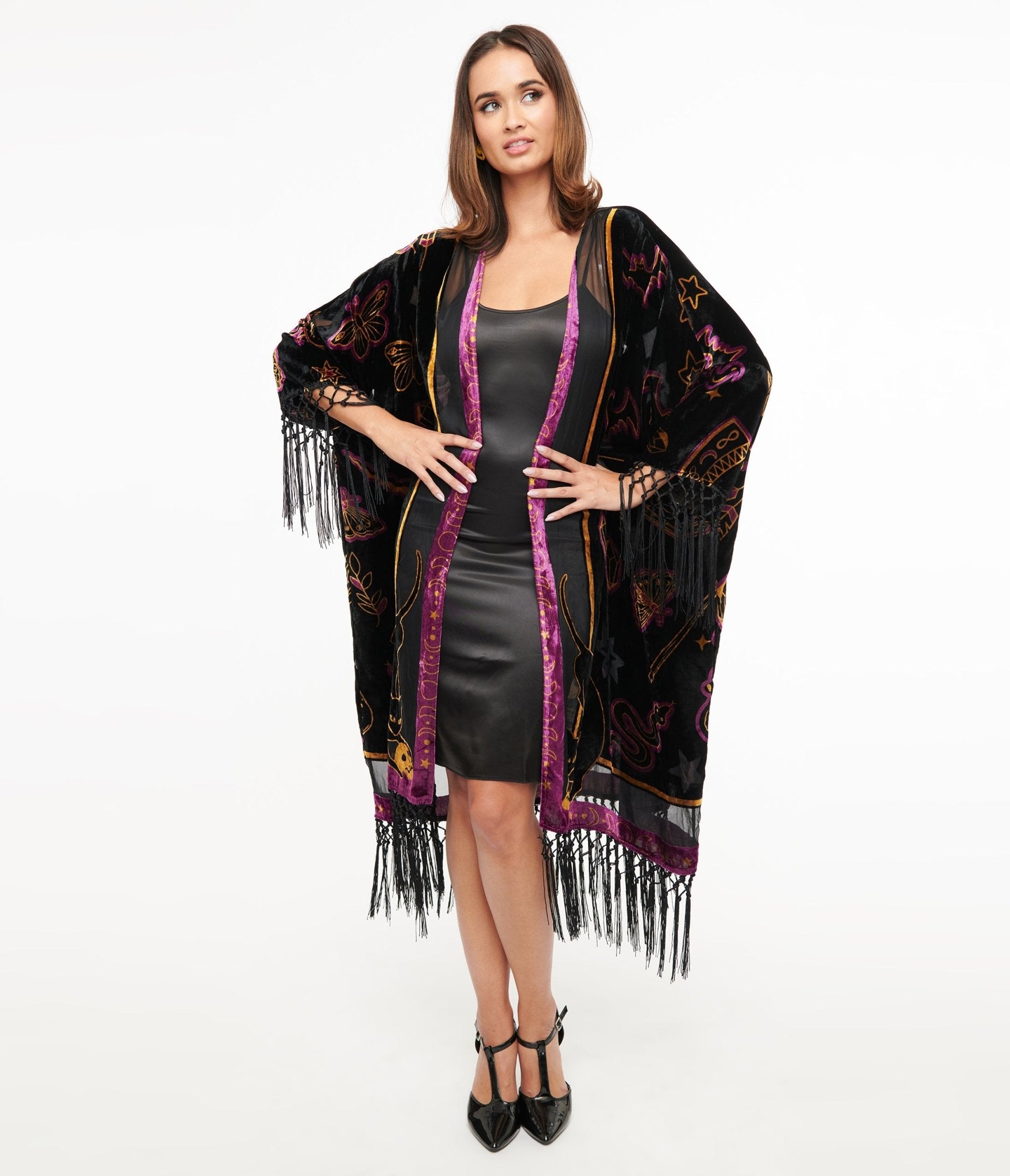 Vintage 1920s Black Velvet Burnout Kimono with Mystical Icons & Fringe Trim - Retro Flapper Costume for Halloween, Gatsby Parties & Boho Fashion