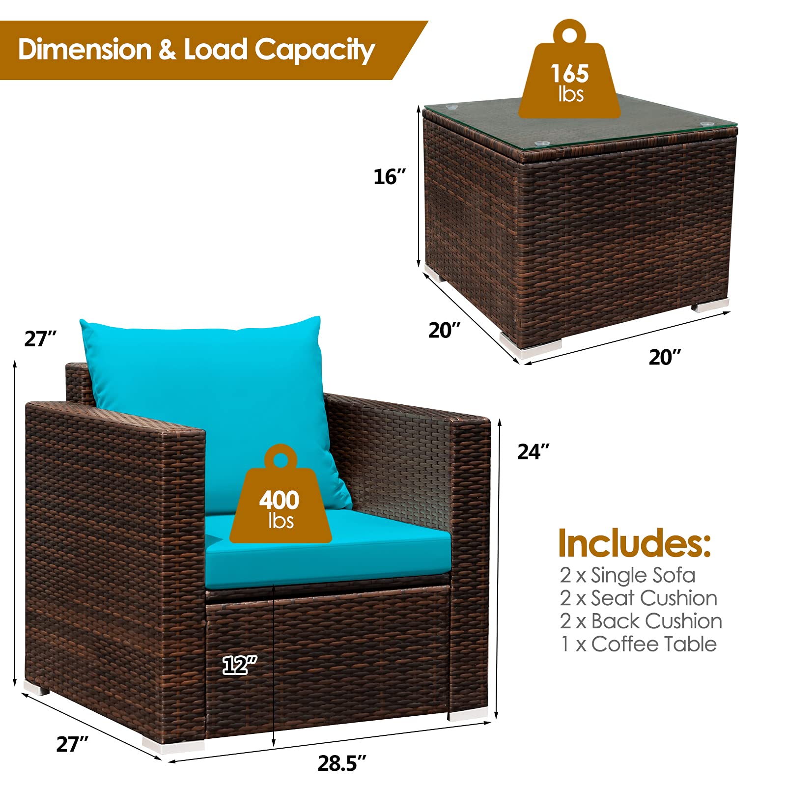 HAPPYGRILL 3-Piece Outdoor Patio Furniture Set - PE Rattan Wicker Sofa with Cushions & Coffee Table - Garden, Poolside, Balcony Conversation Set for Relaxing & Entertaining