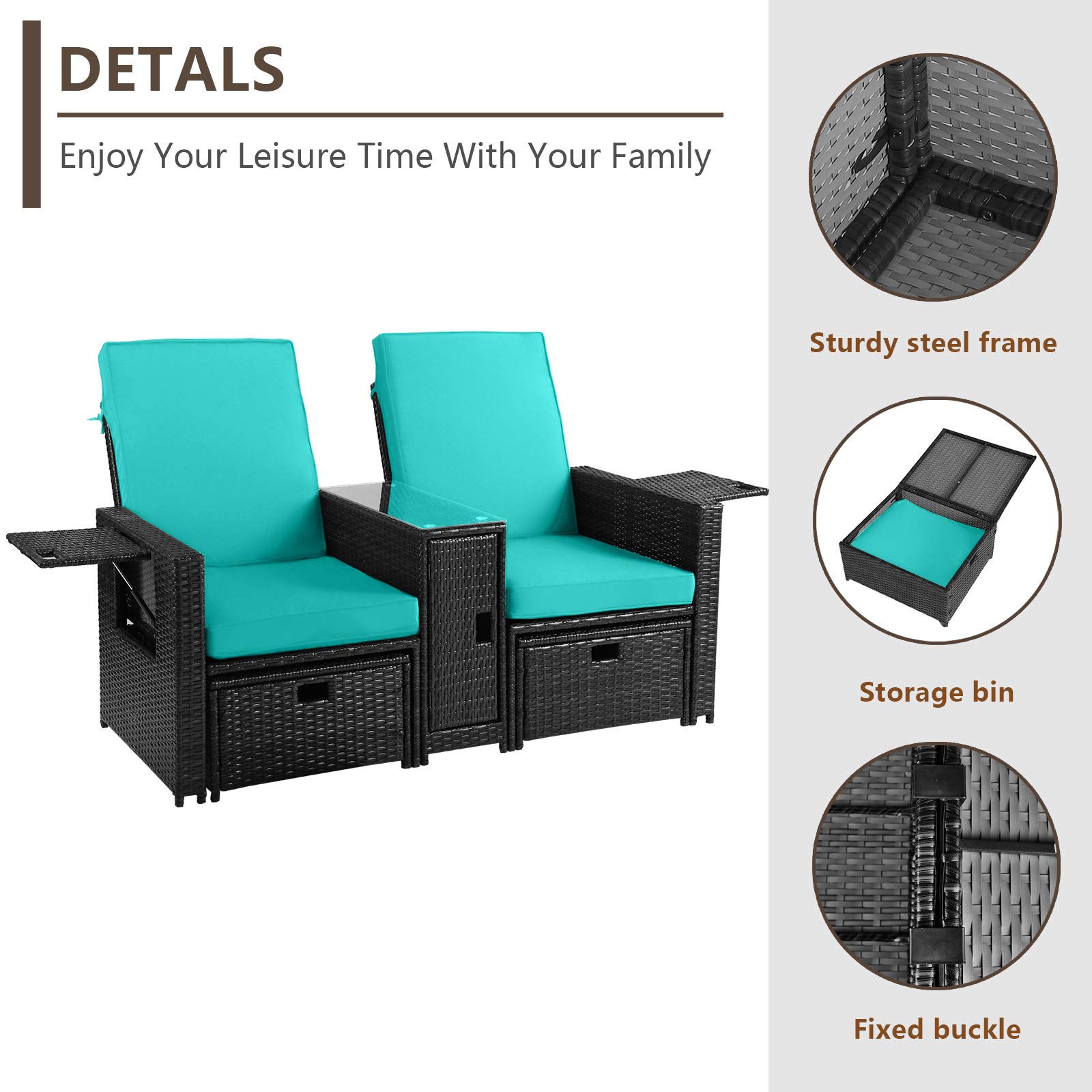 5PCS Outdoor PE Rattan Patio Furniture Set - Adjustable Backrest Loveseat Sofa, Coffee Table & Ottoman - Perfect for Garden, Beach, Poolside, Balcony, Backyard & Deck - Weather-Resistant Wicker Lounge Set for Relaxing Outdoors