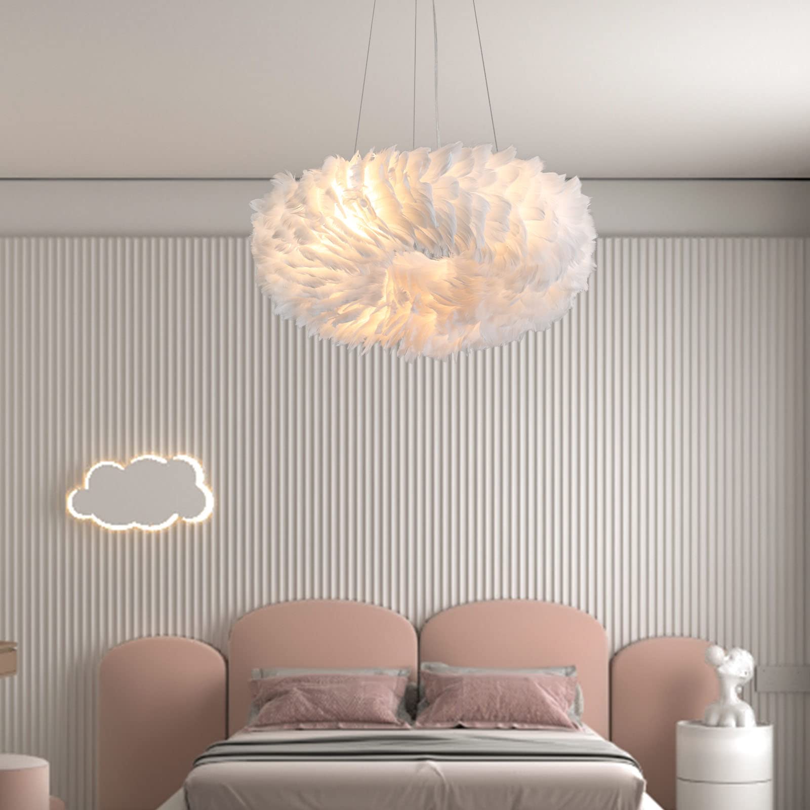 Maxax 6-Light Feather Pendant Chandelier - Modern Nordic Ceiling Light with White Shade for Bedroom, Living Room & Girls Room | Romantic Ambiance Lighting for Dining Areas & Home Decor