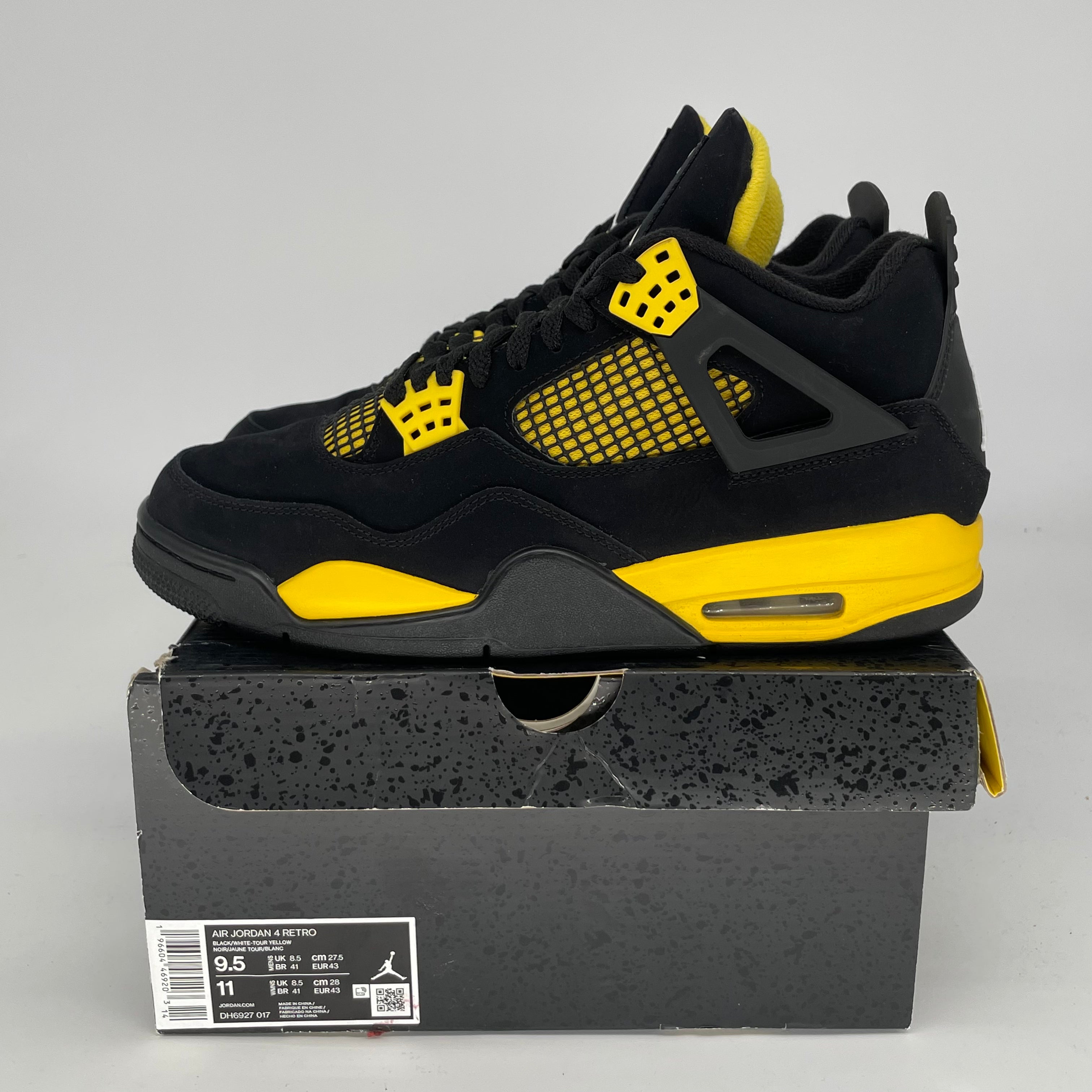 AIR JORDAN 4 THUNDER Retro Sneakers - Men's Size 9.5/Women's Size 11 - Black/Thunder Yellow - Style Code DH6927-017 - Perfect for Basketball, Streetwear & Sneaker Collection