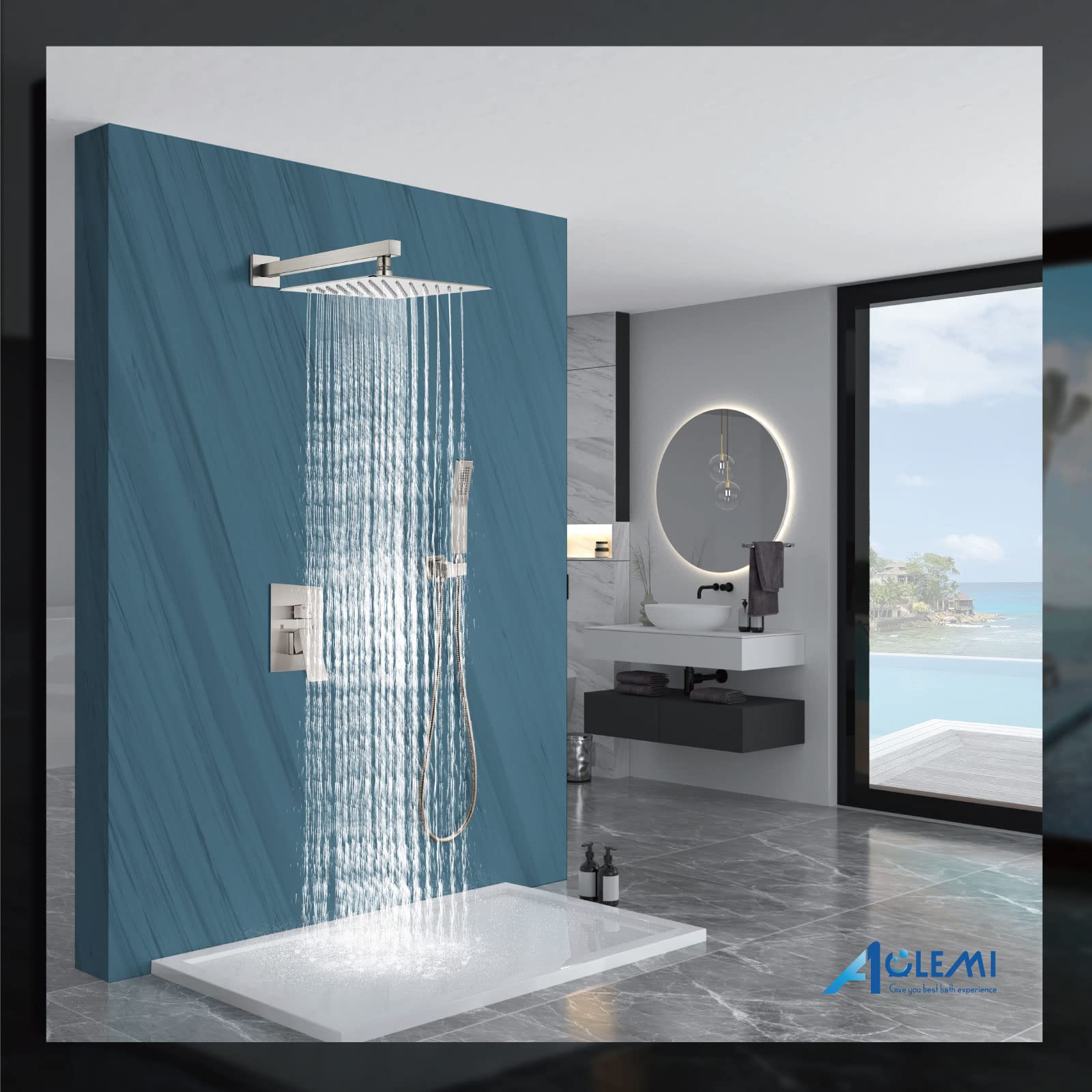 Aolemi 10 Inch Brushed Nickel Shower Faucet Set - Rain Shower System with Handheld Spray, Rough-in Valve & Trim Kit - Wall Mount Bathroom Shower Combo for Modern Home & Spa Experience