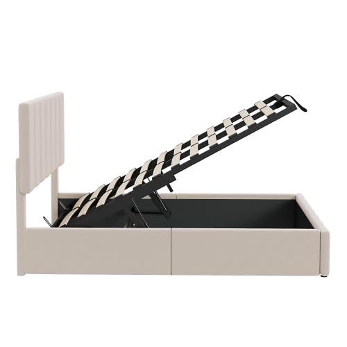 Harper & Bright Designs Full Size Platform Bed with Storage Underneath - Upholstered Bed Frame with Headboard & Hydraulic Storage System, Beige - Perfect for Small Bedrooms, Guest Rooms & Space-Saving Solutions