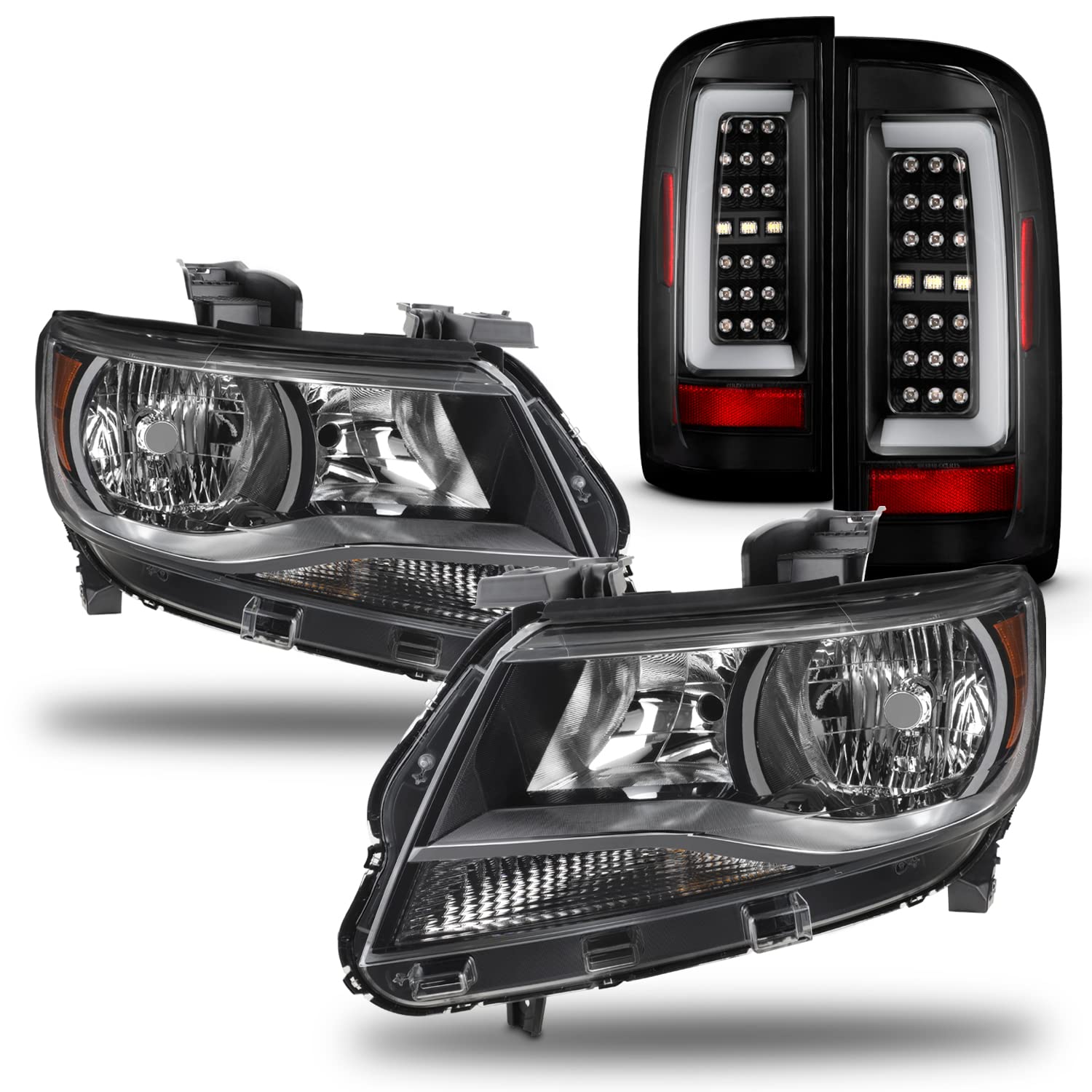 AKKON Black Headlights & LED Tube Running Reverse Tail Lights for 2015-2022 Chevy Colorado - Halogen Type Replacement - Upgrade Your Truck's Style & Night Visibility (Perfect for Off-Roading, Night Driving & Custom Car Shows)