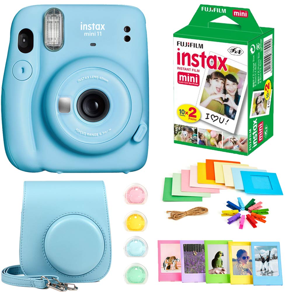 Fujifilm Instax Mini 11 Instant Camera Bundle with Twin Pack Film, Hanging Frames, Plastic Frames, Case & Close-Up Filters - Sky Blue | Perfect for Travel, Parties, Weddings & DIY Photo Gifts