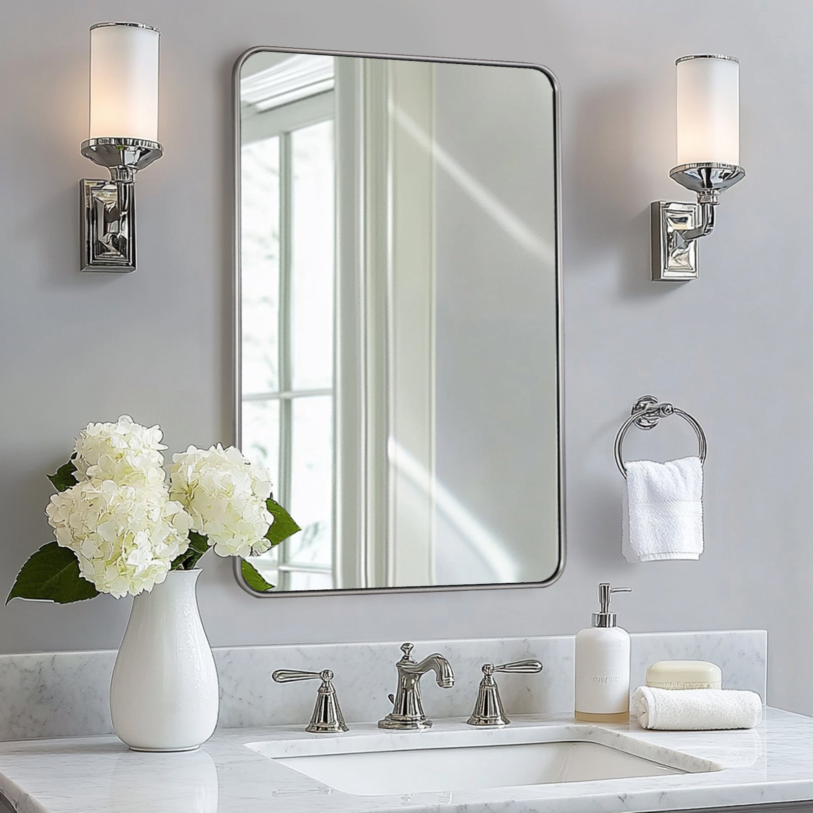 Modern Rounded Rectangular Bathroom Wall Mirror with Aluminum U-Tube Frame - Perfect for Vanity, Powder Room, and Contemporary Home Decor