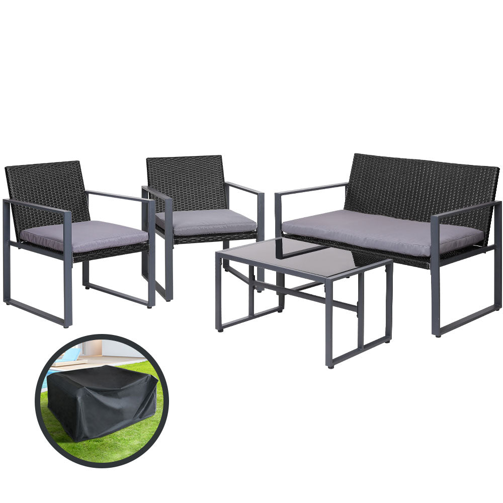 4-Piece Outdoor Rattan Sofa Set with Storage Cover - Black Patio Furniture for Garden, Poolside, and Backyard Relaxation