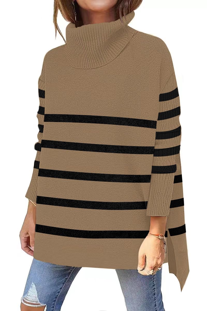 Women's Oversized Turtleneck Sweater - Long Sleeve Striped Knit Pullover with Split Hem | Cozy Winter Fashion, Casual Office Wear & Holiday Outfit