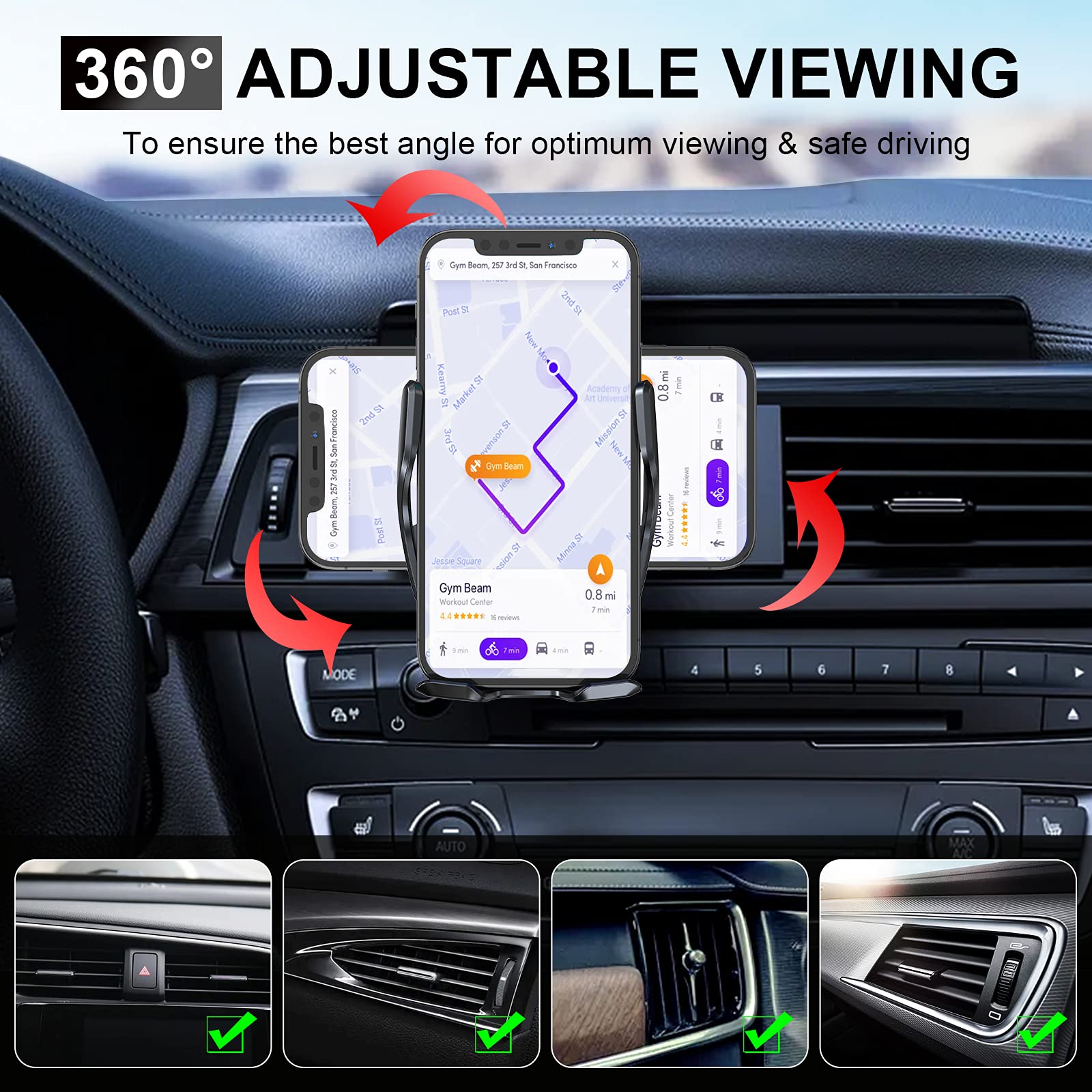 15W Qi Fast Wireless Car Charger Mount - Auto-Clamping Phone Holder for iPhone 13/12/11, Samsung S20/S10/S9/S8, LG - Air Vent, Windshield & Dashboard Mount with Long Arm & Suction Cup - Perfect for Commuting, Road Trips & GPS Navigation