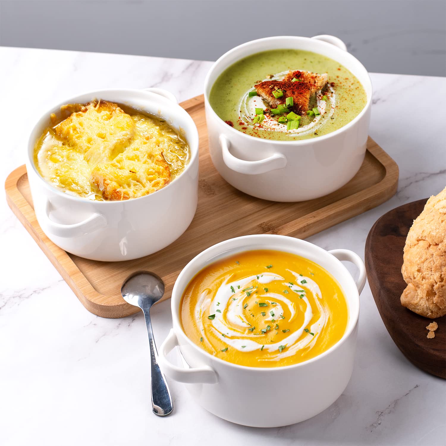 Delling 6-Pack 24oz Ceramic Soup Bowls with Handles - Large Serving Bowls for French Onion Soup, Chili, Stew & Cereal - Microwave & Oven Safe White Bowls - Perfect for Family Dinners, Restaurants & Entertaining