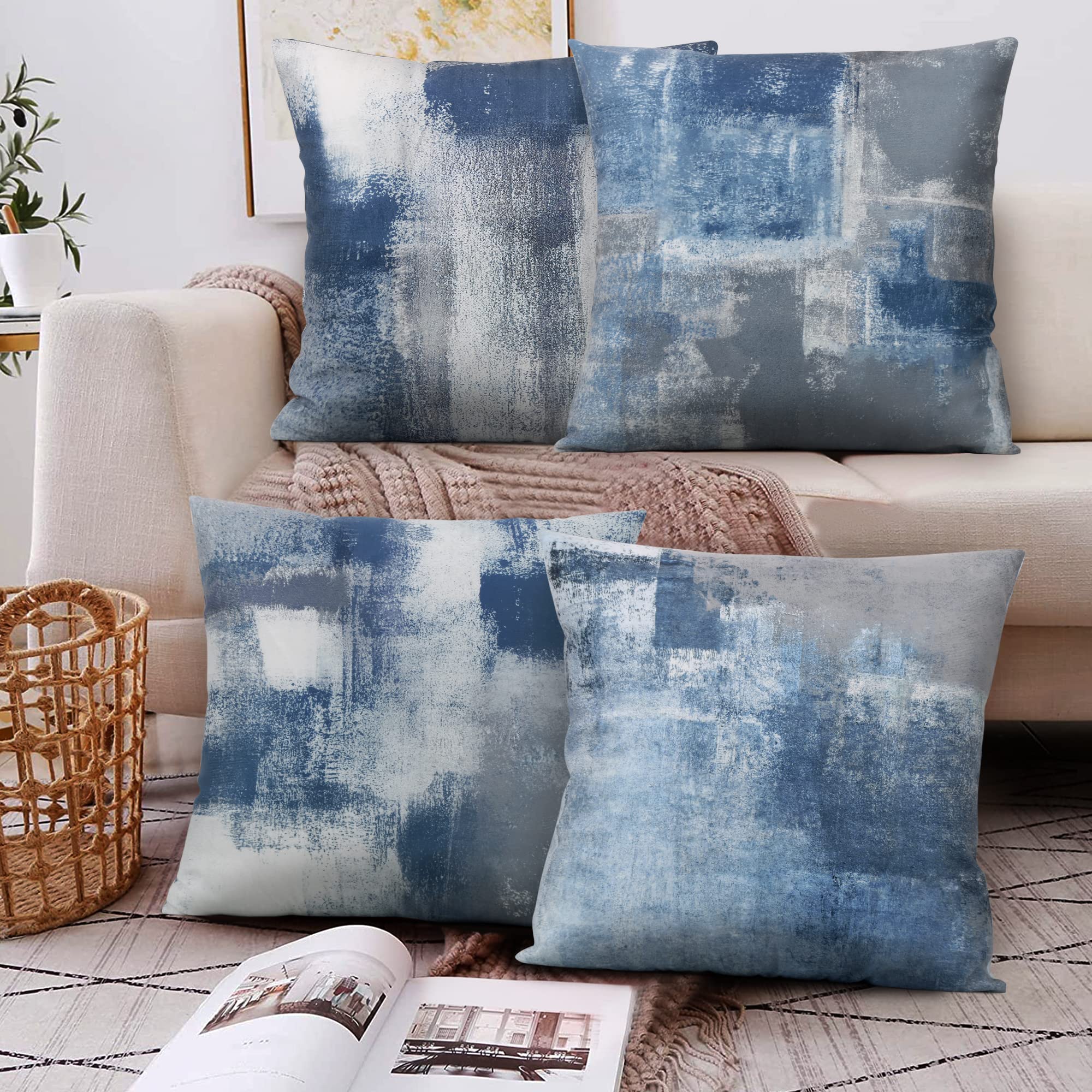 Set of 4 Blue & Grey Abstract Art Pillow Covers 18x18 Inch - Modern Decorative Throw Pillow Cases for Sofa, Bedroom & Living Room - Perfect for Home Decor, Accent Pillows & Contemporary Interior Design