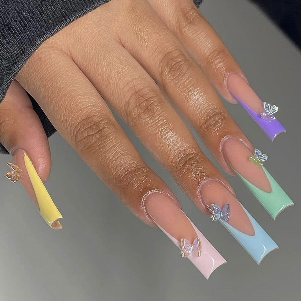 24Pcs Long Coffin False Nails with Glue - Wearable Brown Press on Nails with Rhinestones, Full Cover Ballet Nail Tips for Women, Perfect for Parties, Weddings & Special Occasions