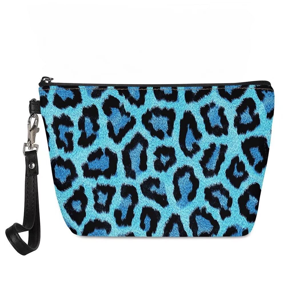 TWIKVASTA Women's Blue Leopard Print Cosmetic Pouch - Waterproof Travel Toiletry Bag for Makeup, Brushes & Essentials - Perfect for Women & Girls (Gym, Vacation, Daily Use)