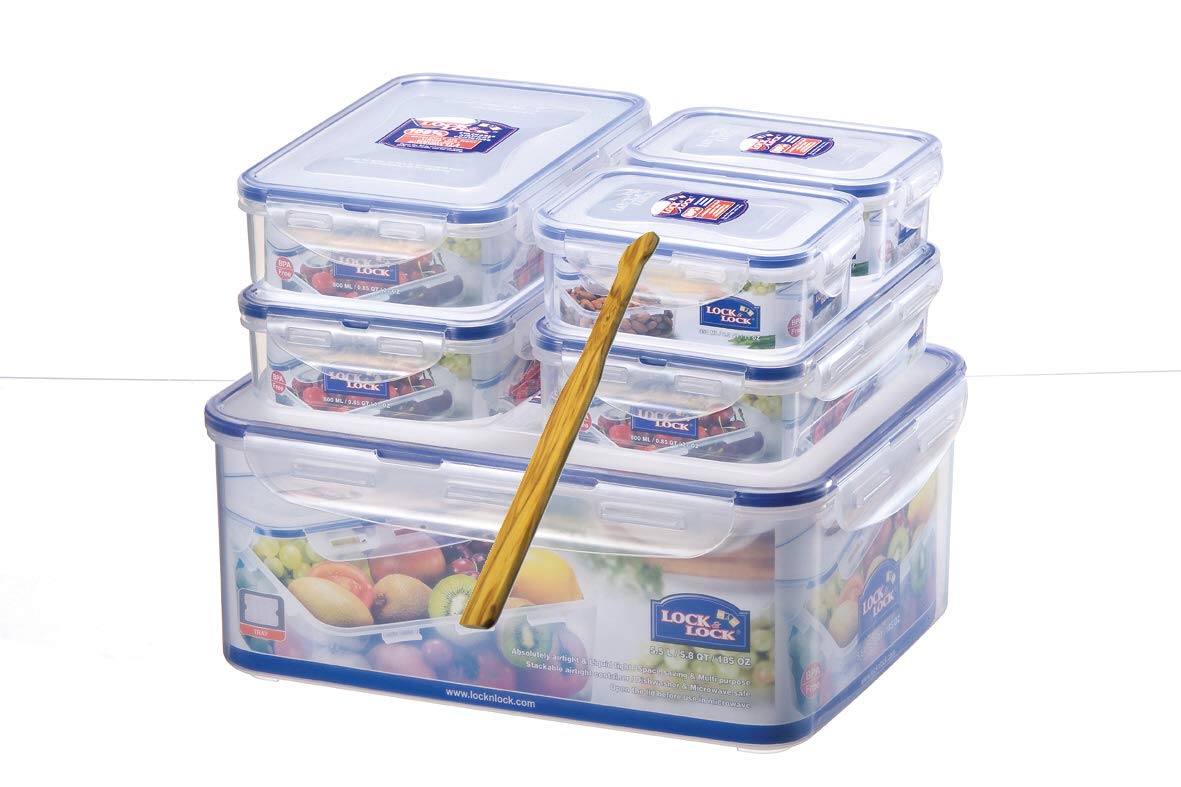 LOCK & LOCK HPL836SB 6-Piece Airtight Food Storage Container Set - Clear & Blue BPA-Free Plastic Kitchen Organizers for Pantry, Fridge & Meal Prep