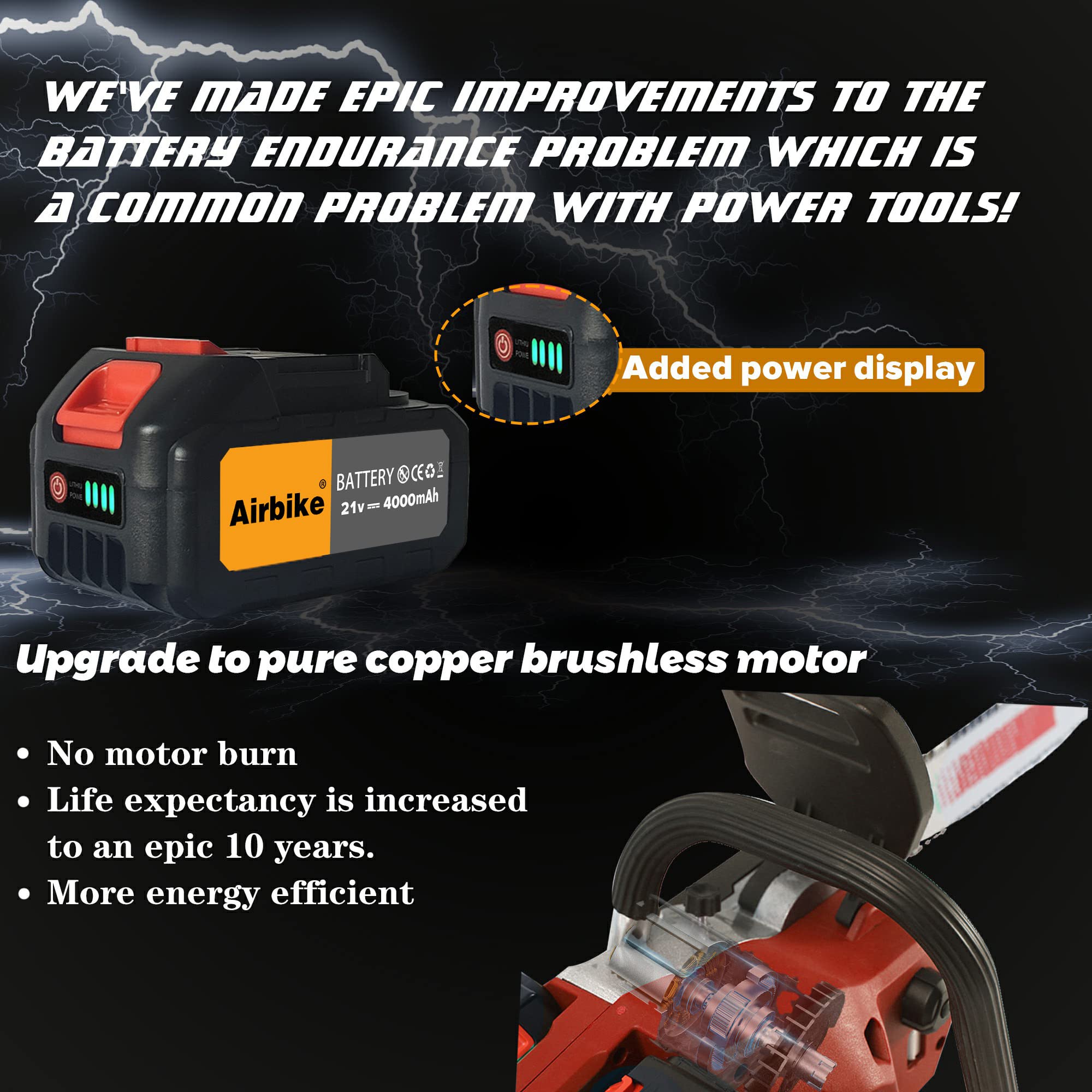 16 Inch Cordless Electric Chainsaw with 2x 6000mAh Batteries - Powerful Battery Chainsaw for Wood Cutting, Tree Branch Trimming, Firewood Preparation & Yard Maintenance (Orange Chainsaw Tool for Home Gardening & Landscaping)