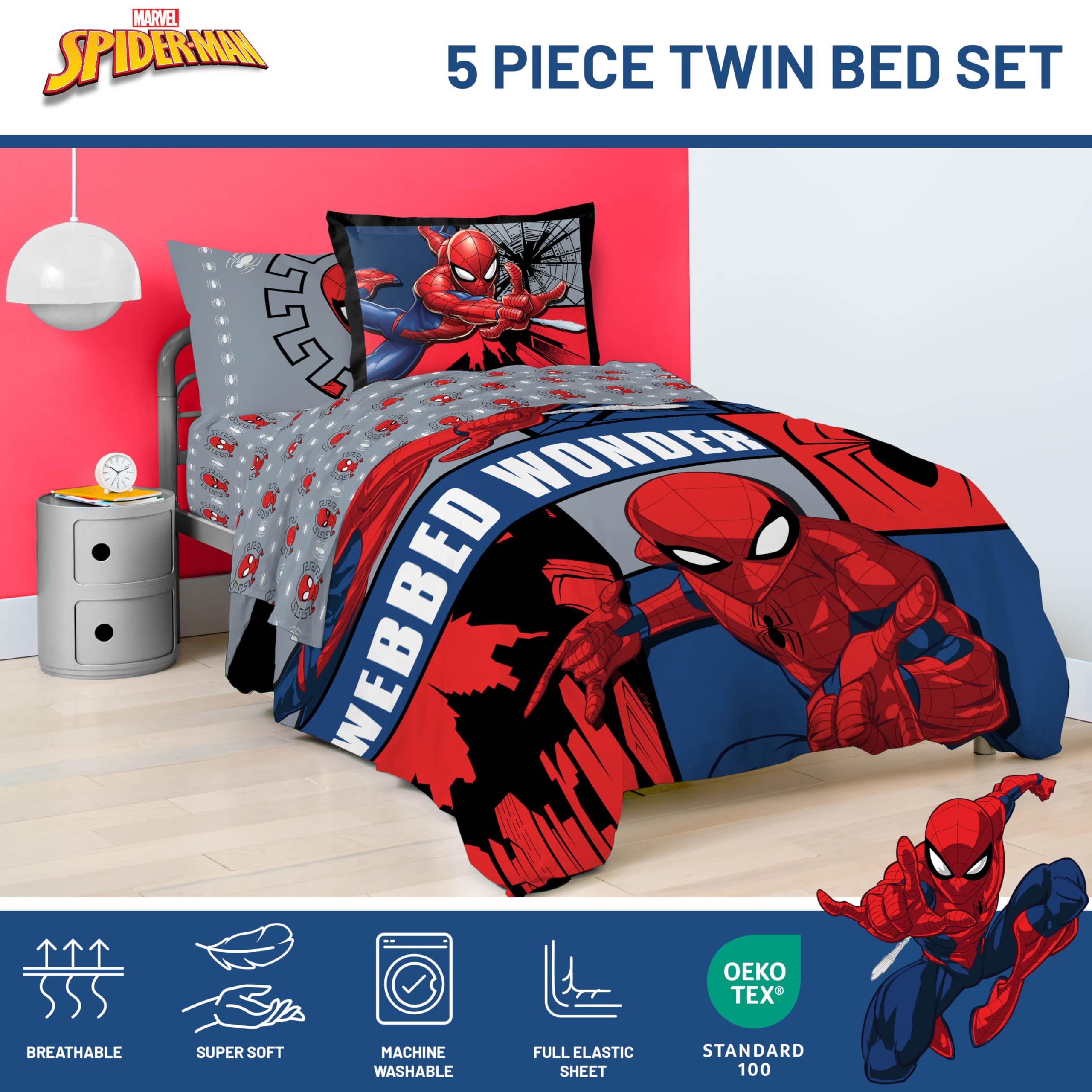 Jay Franco Marvel Spiderman Webbed Wonder 5-Piece Twin Bedding Set - Super Soft Fade Resistant Polyester Comforter & Sheet Set - Official Marvel Licensed Product - Perfect for Kids' Bedrooms, Themed Rooms & Marvel Fans