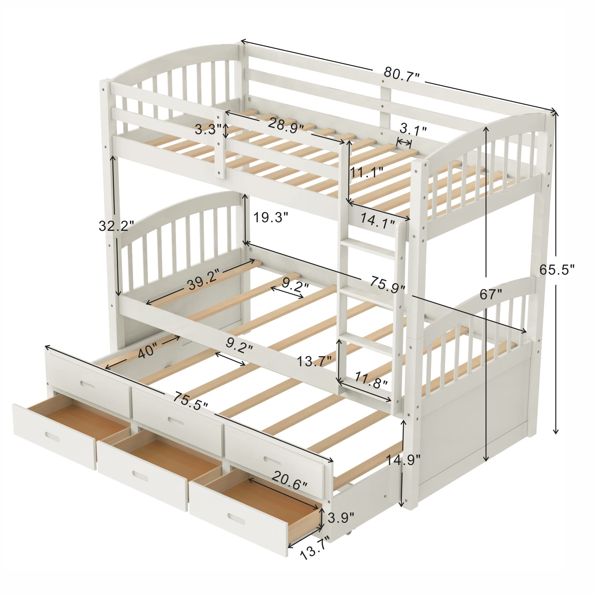 Harper & Bright Designs Solid Wood Twin Over Twin Bunk Bed with Trundle - 3 Storage Drawers, Safety Rail, Convertible to 2 Beds - No Box Spring Needed (White) | Perfect for Kids' Bedroom, Guest Room & Space-Saving Solutions