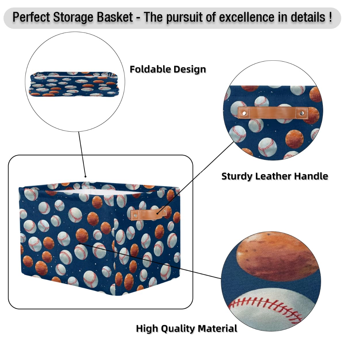 Foldable Baseball Pattern Storage Baskets with Handles - 2 Pack Decorative Shelf Organizer Bins for Home, Bedroom & Closet Organization