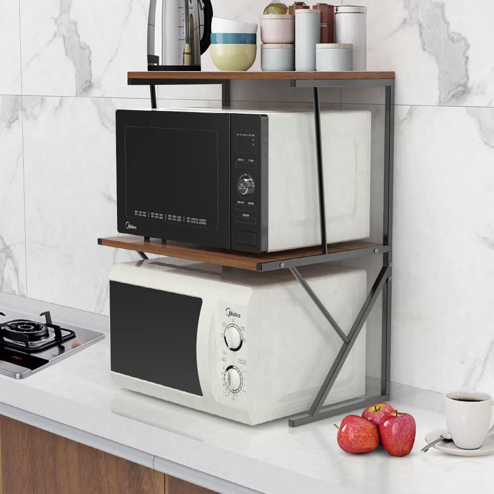 Umi 2-Tier Metal & Wood Microwave Oven Rack Stand - Space-Saving Kitchen Organizer for Spices, Toaster & Grill (Black & Walnut Brown, 21.3x14.6x26.4in) - Perfect for Small Kitchens & Countertop Storage