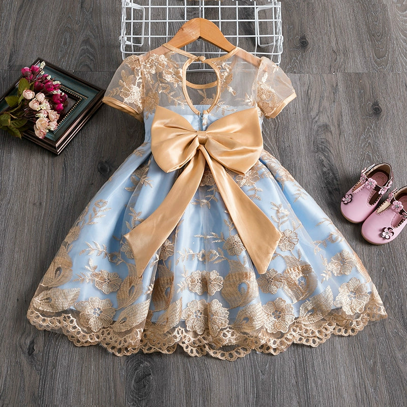 Gold Princess Boat Neck Tea Length Satin Flower Girl Dress for Weddings, Baptisms & Special Occasions - Elegant Formal Attire for Little Girls
