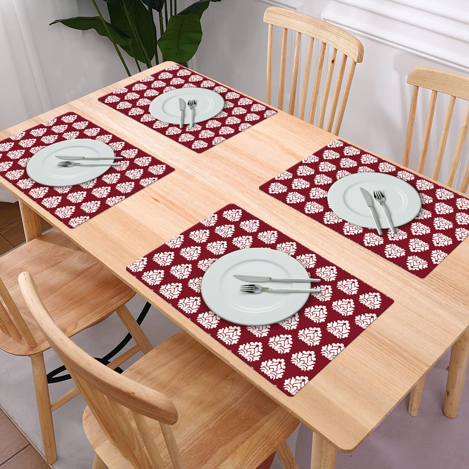 Kuber Industries 6-Pack Maroon Flower Print PVC Table Placemats - Waterproof & Heat-Resistant Kitchen Dining Mats for Home, Restaurants, and Parties (Set of 6)