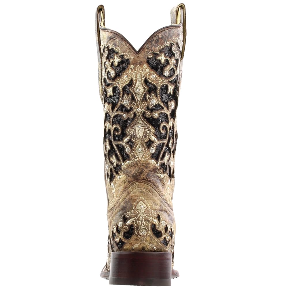 Women's Corral Boots - Sequined Tooled-Inlay Square Toe Dress Boots, Mid Calf with 1-2