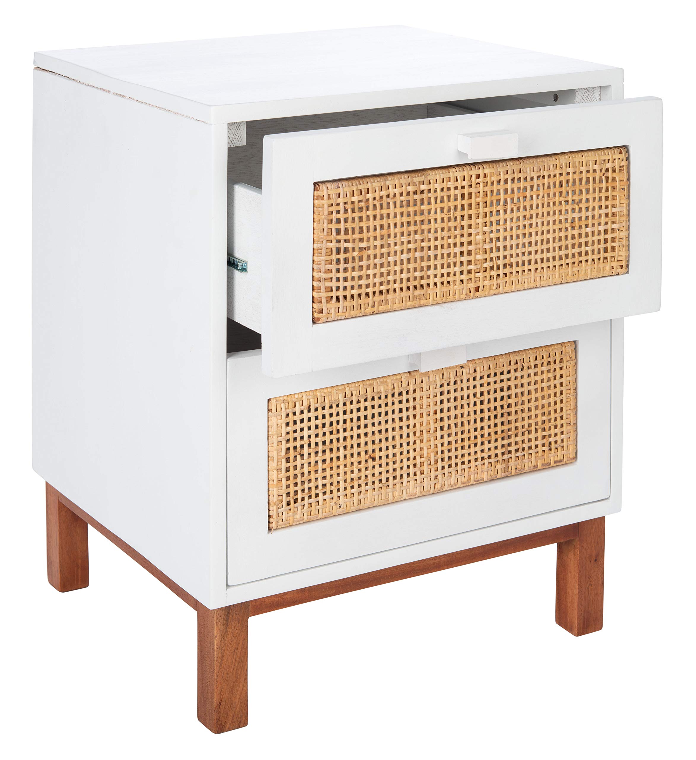 SAFAVIEH Home Collection Erica White & Natural Rattan 2-Drawer Nightstand - Modern Bedside Table for Bedroom Decor & Storage