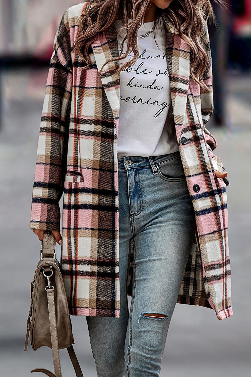 Stylish Women's Plaid Long Wool Coat with Pockets - Warm Turn-Down Collar Jacket for Autumn & Winter | Perfect for Outdoor Activities, Office Wear, and Casual Fashion
