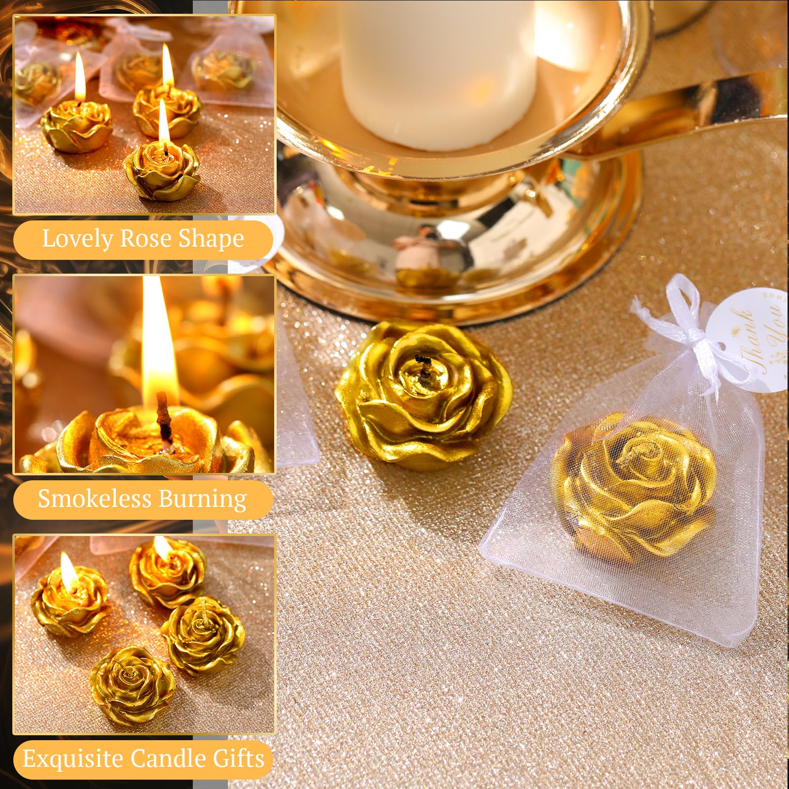 24-Pack Rose Tealight Candles for Wedding Favors & Parties - Gold Mini Floral Candles for Birthdays, Showers, Housewarming