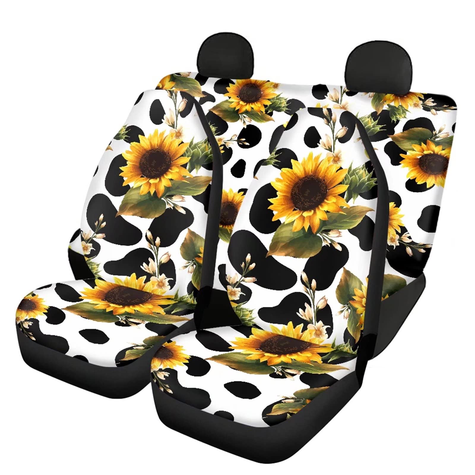 Sunflower Cow Print Car Seat Covers 4-Piece Set - Universal Fit Front & Rear Seat Protectors for Cars, SUVs & Trucks | Cute Farmhouse Decor for Women & Girls | Perfect for Road Trips, Commuting & Daily Driving