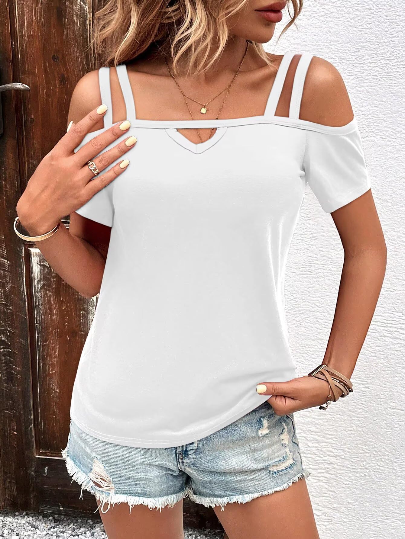 Bliwov Women's Cold Shoulder Tops - Short Sleeve Cute & Sexy Criss Cross Strappy T-Shirts for Summer & Spring | Beach Wear, Party Outfits, Casual Date Night Tops