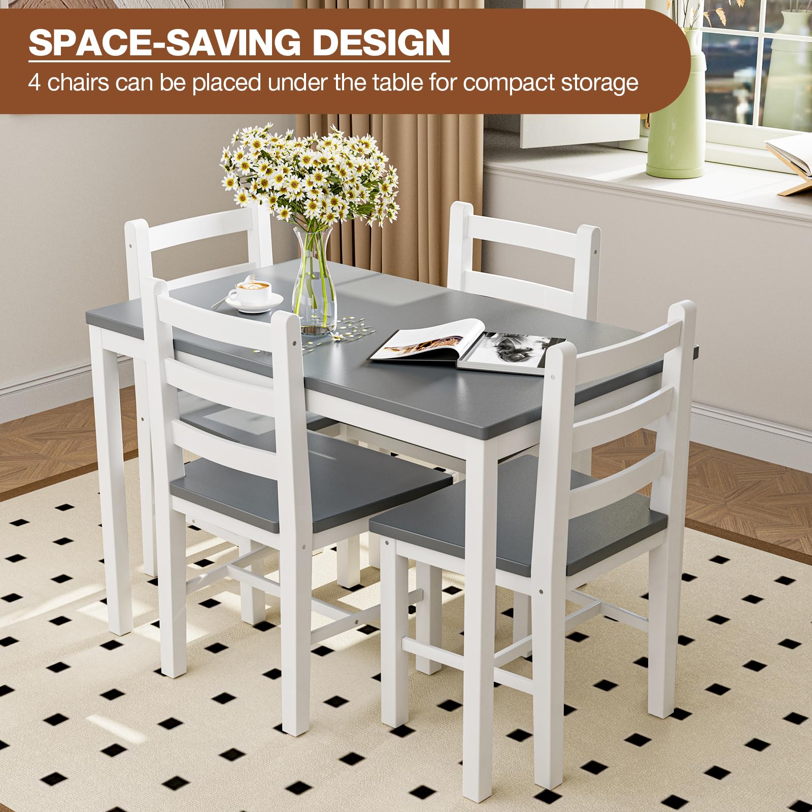 5-Piece Wooden Dining Table Set with 4 Chairs - Farmhouse Kitchen Table & Chairs for Small Spaces | Perfect for Home, Apartment, Dining Room & Restaurant Use | Durable & Space-Saving Design
