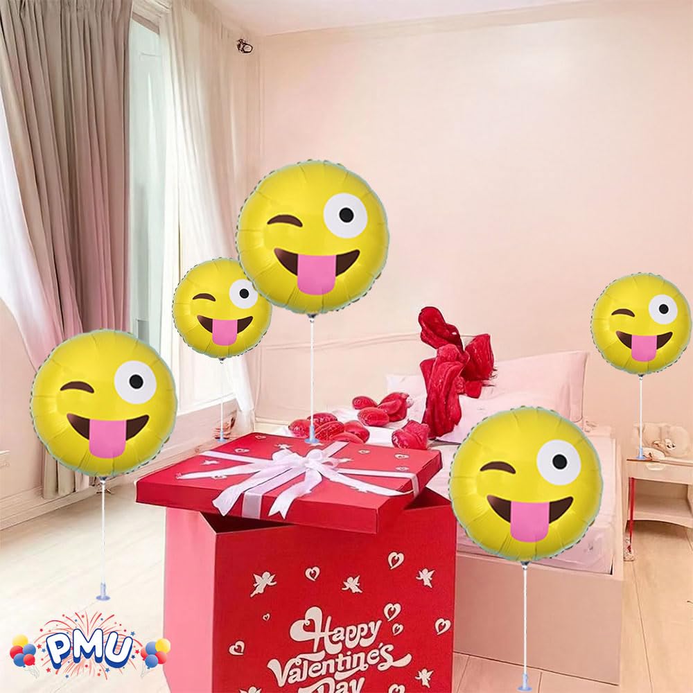 9 Inch PMU Emoji Balloons Pre-Inflated with Stick - Tongue & Winking Eye Design (6-Pack) - Perfect for Birthday Parties, Baby Showers & Celebrations