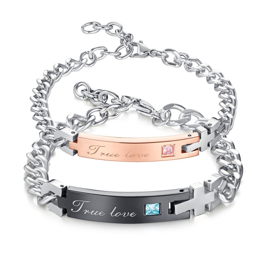 ALEXTINA Stainless Steel True Love Cubic Zirconia Matching Couple Bracelets for Men & Women - Romantic Valentine's Day Gift for Couples, Anniversary, Wedding, or Proposal