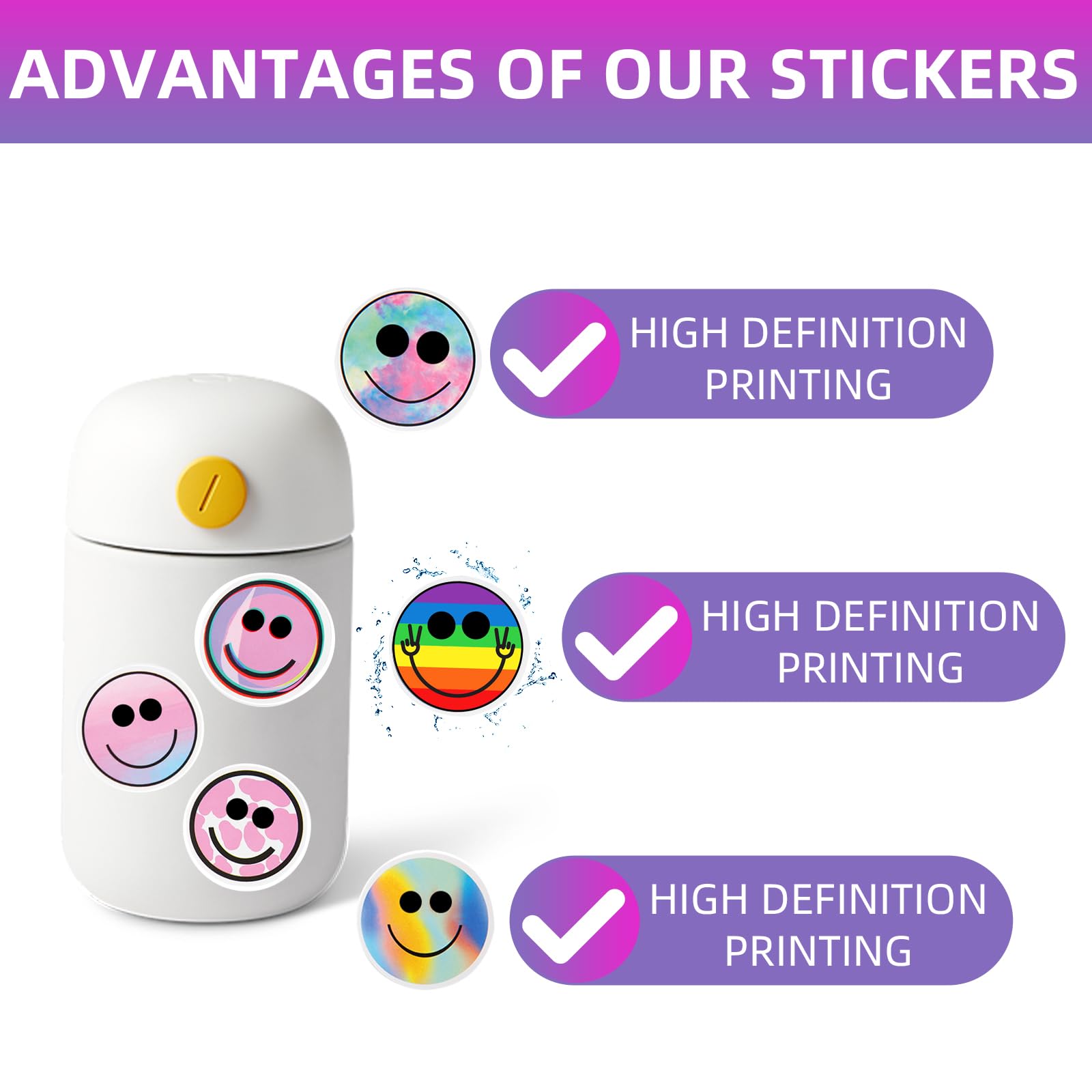 50PCS Waterproof Removable PVC Stickers for Luggage, Laptop, Skateboard, Water Bottles - Cute Graffiti Decals for Teens & Adults (Smiling Face Design) - Perfect for Travel, School & Personalizing Your Belongings