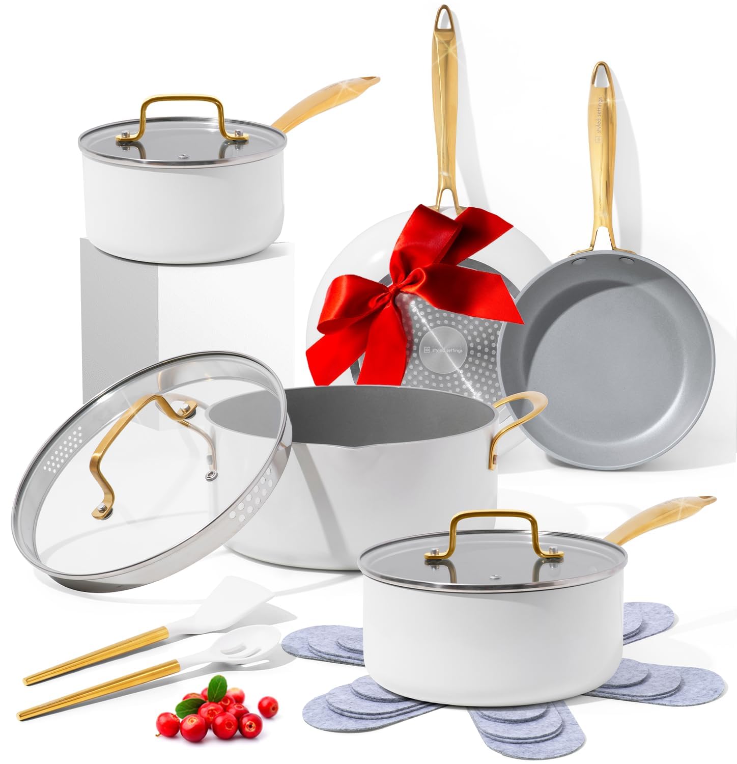Premium 15-Piece White & Gold Nonstick Cookware Set - Heavy Gauge, PFOA-Free, Oven & Dishwasher Safe, Induction Compatible Pots & Pans for Modern Kitchens - Ideal for Cooking, Baking & Entertaining