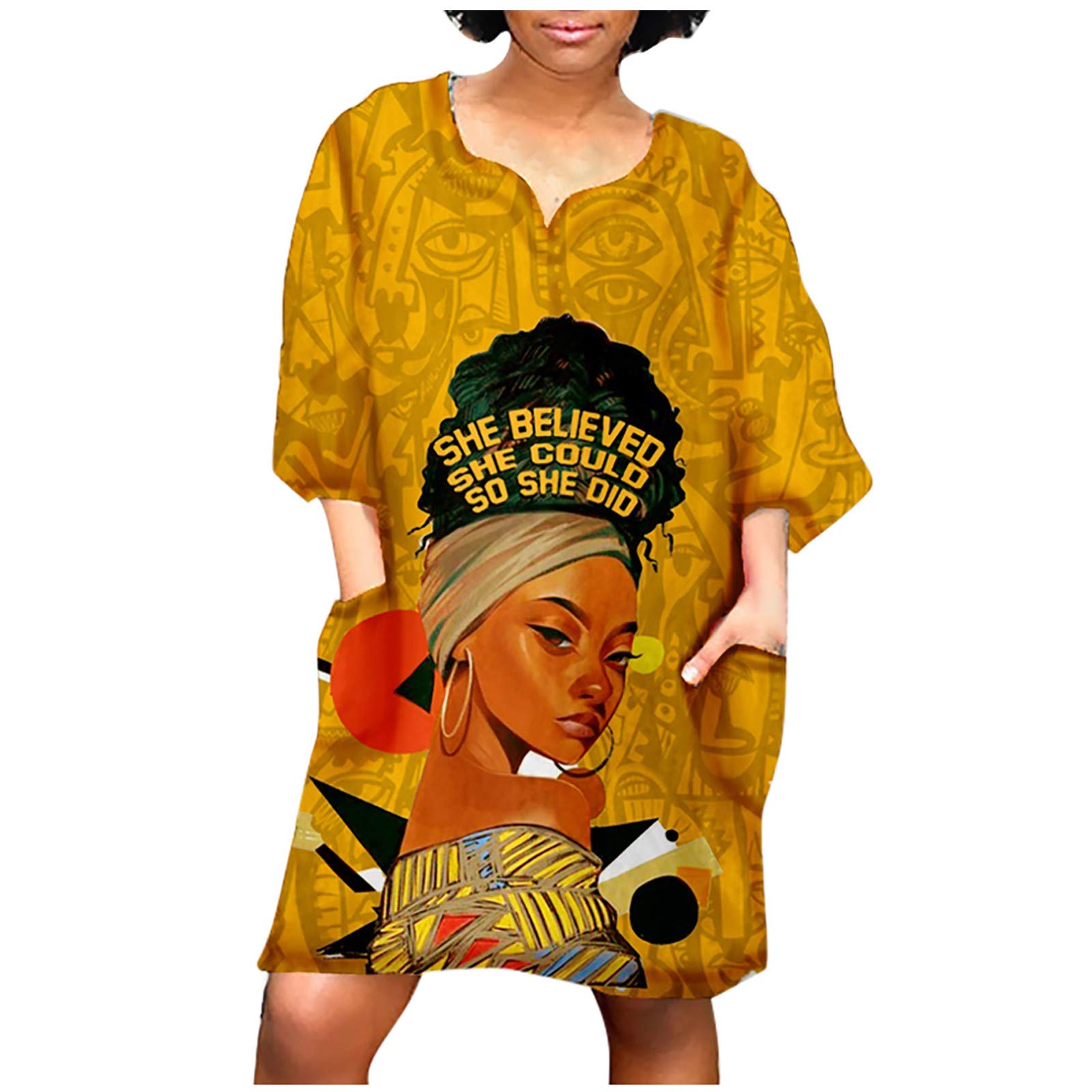 Vintage African Print Sundress for Women - Casual Floral Mini Dress, Plus Size Midi Sleeve Loose Fit Summer Dress for Beach, Vacation & Boho Style Outfits