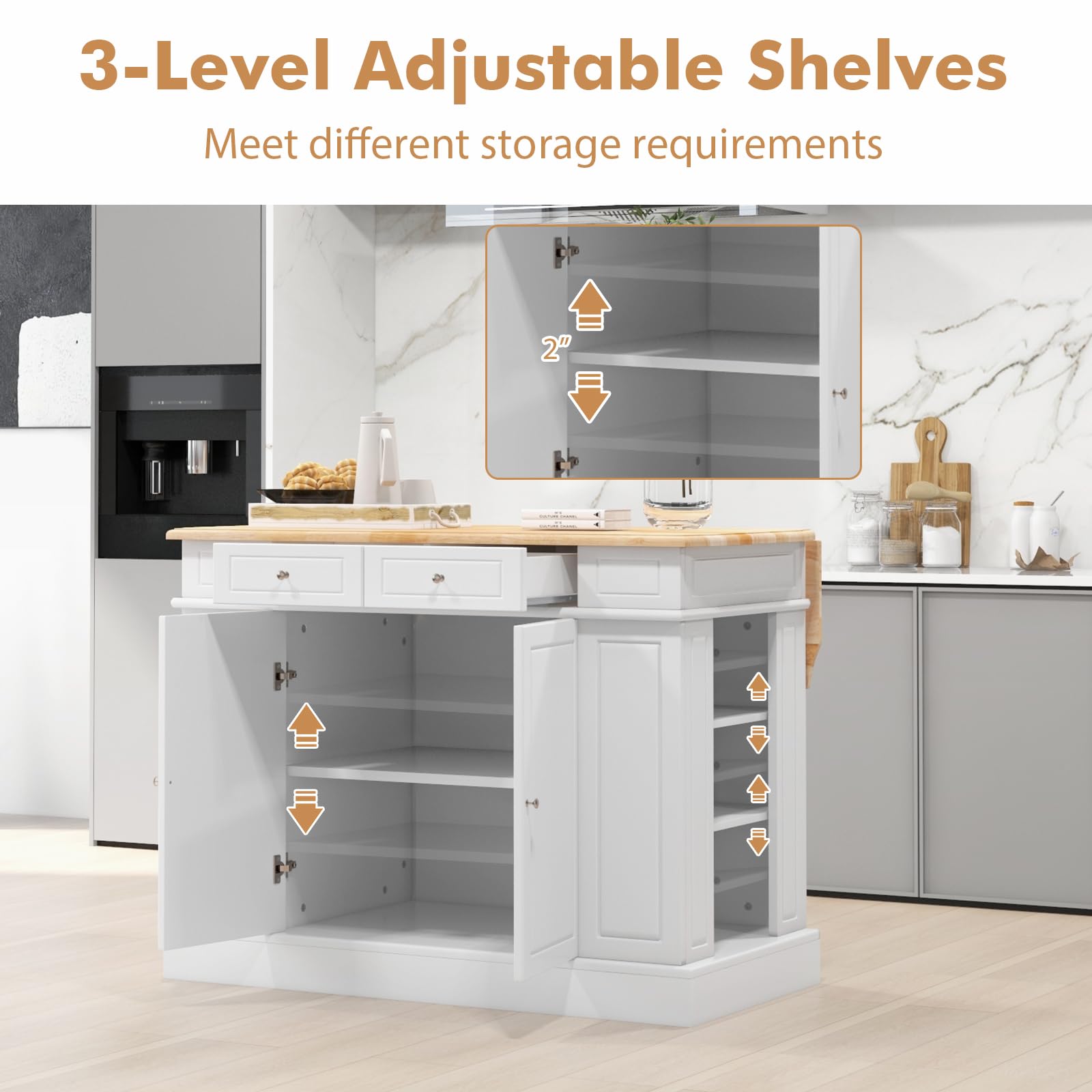 White Kitchen Island with Drop Leaf & Storage - Rubber Wood Breakfast Bar, 2 Drawers, Adjustable Shelves & Spice Racks | Perfect for Small Kitchens, Dining Rooms & Home Offices | Space-Saving Stationary Island Table for Meal Prep & Entertaining