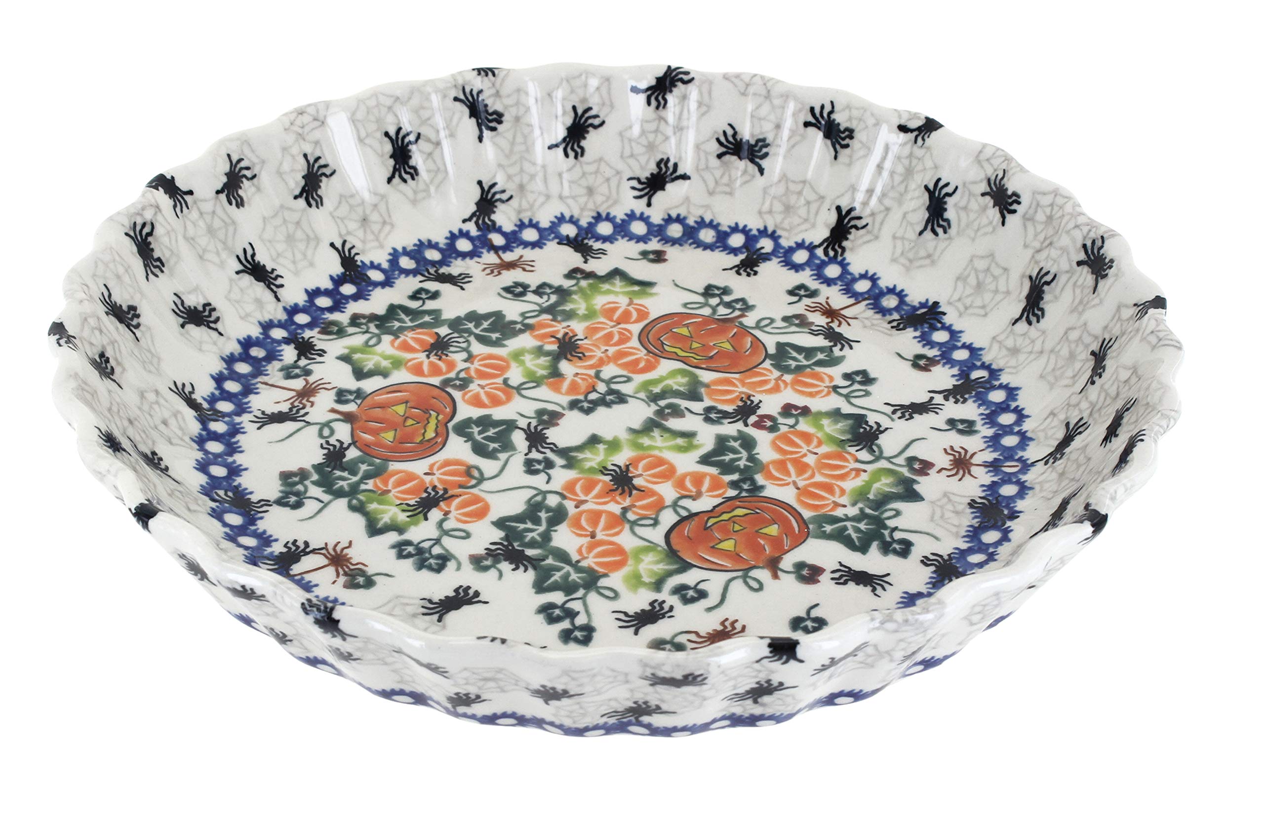 Hand-Painted Blue Rose Polish Pottery Pie Plate - Halloween Trick or Treat Serving Dish for Parties, Thanksgiving & Holiday Gatherings