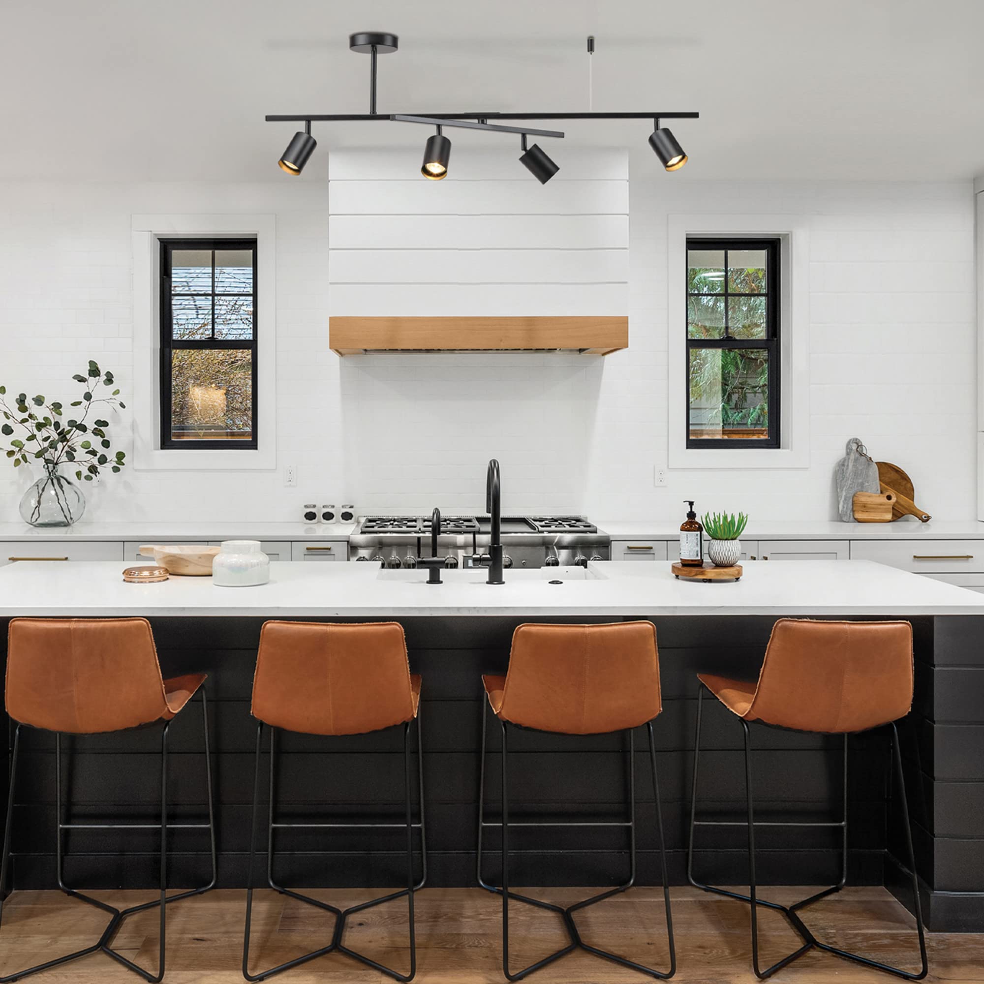 Globe Electric 57500 4-Light Matte Black Track Lighting Kit with Center Swivel Bar & Pivoting Heads - Adjustable Ceiling Light Fixture for Kitchen, Dining Room, Living Room, or Office (Bulbs Not Included)