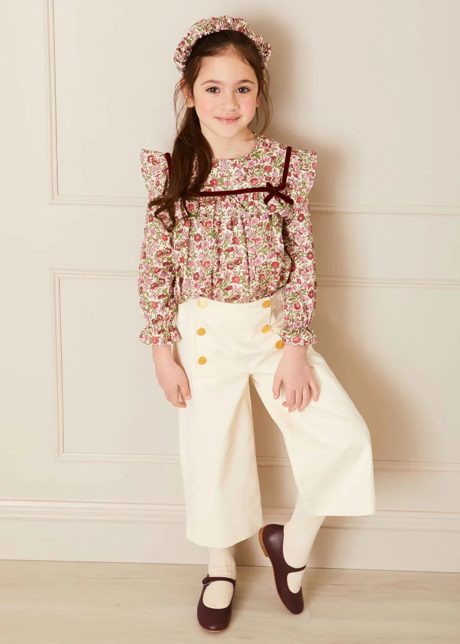 Stylish Beige Wide Leg Pants & Floral Daphne Blouse Set for Girls - Perfect for School, Parties & Family Photos