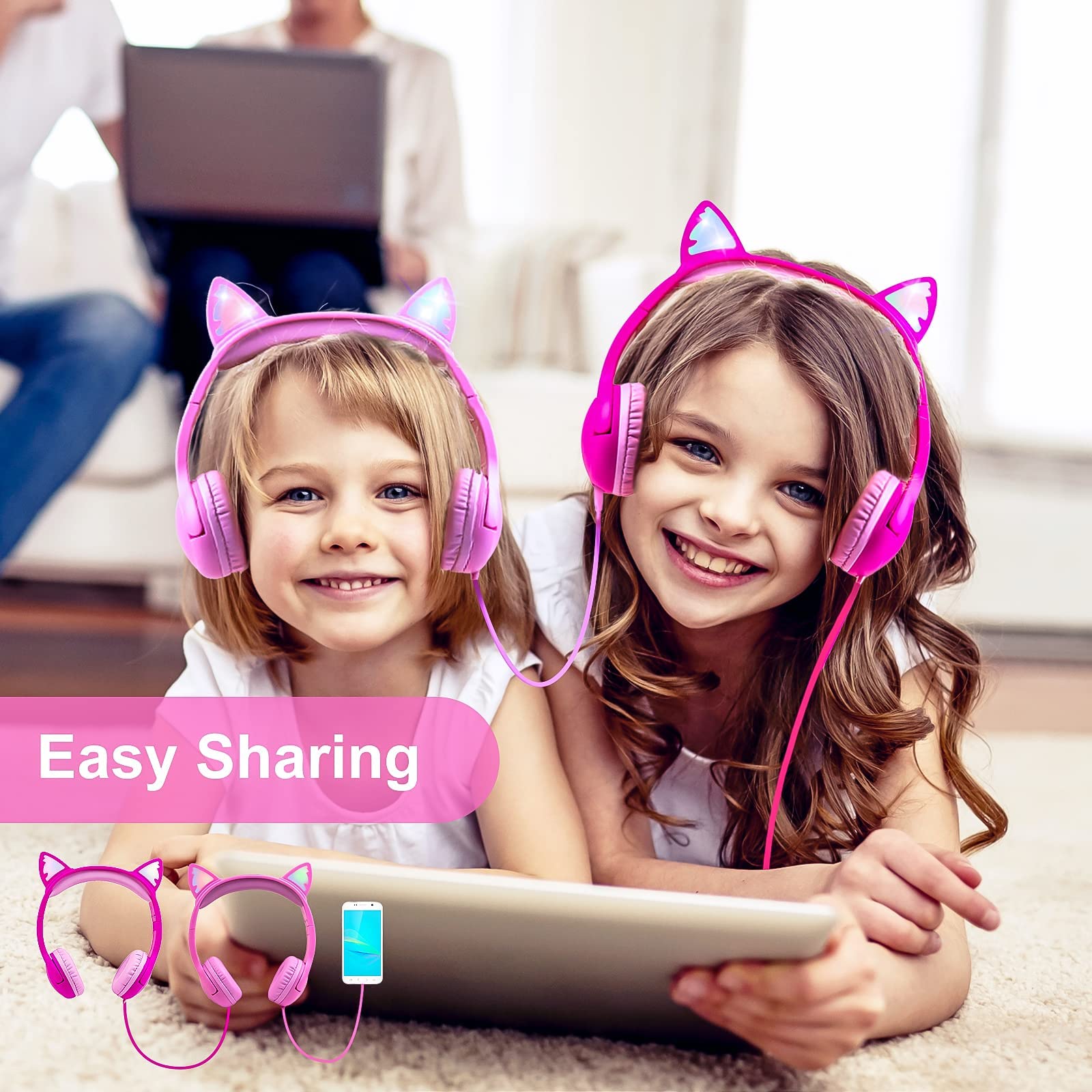 Olyre LED Light Up Cat Ear Headphones for Girls - 85dB Hearing Protection, Over-Ear Kids Headphones with 3.5mm Jack (Pink) - Perfect for School, Travel & Gaming