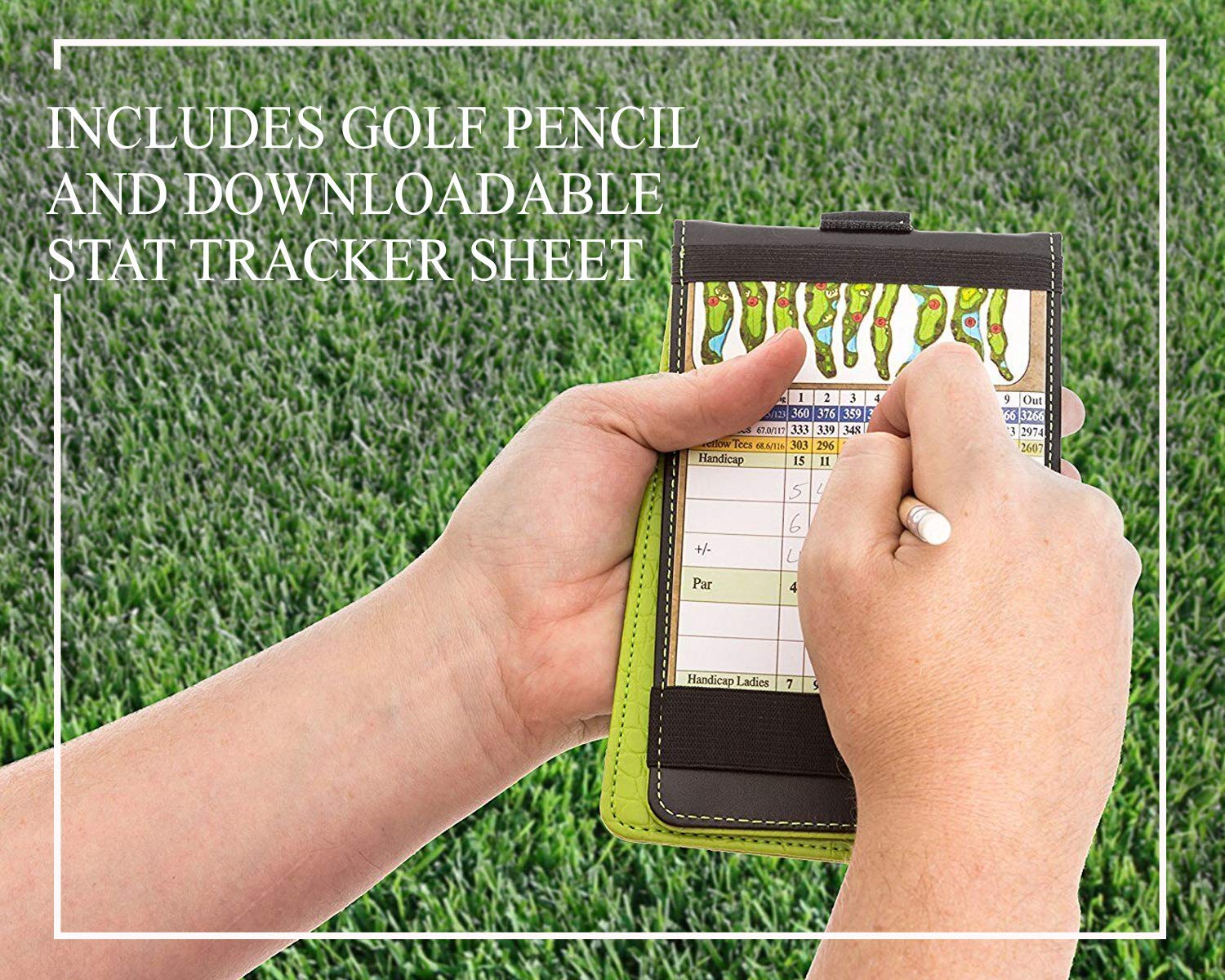Premium Leather Golf Scorecard Holder & Yardage Book Cover - Golf Accessories with Free Pencil & Stat Tracker Sheet - Perfect for Golf Tournaments, Practice Rounds & Course Play