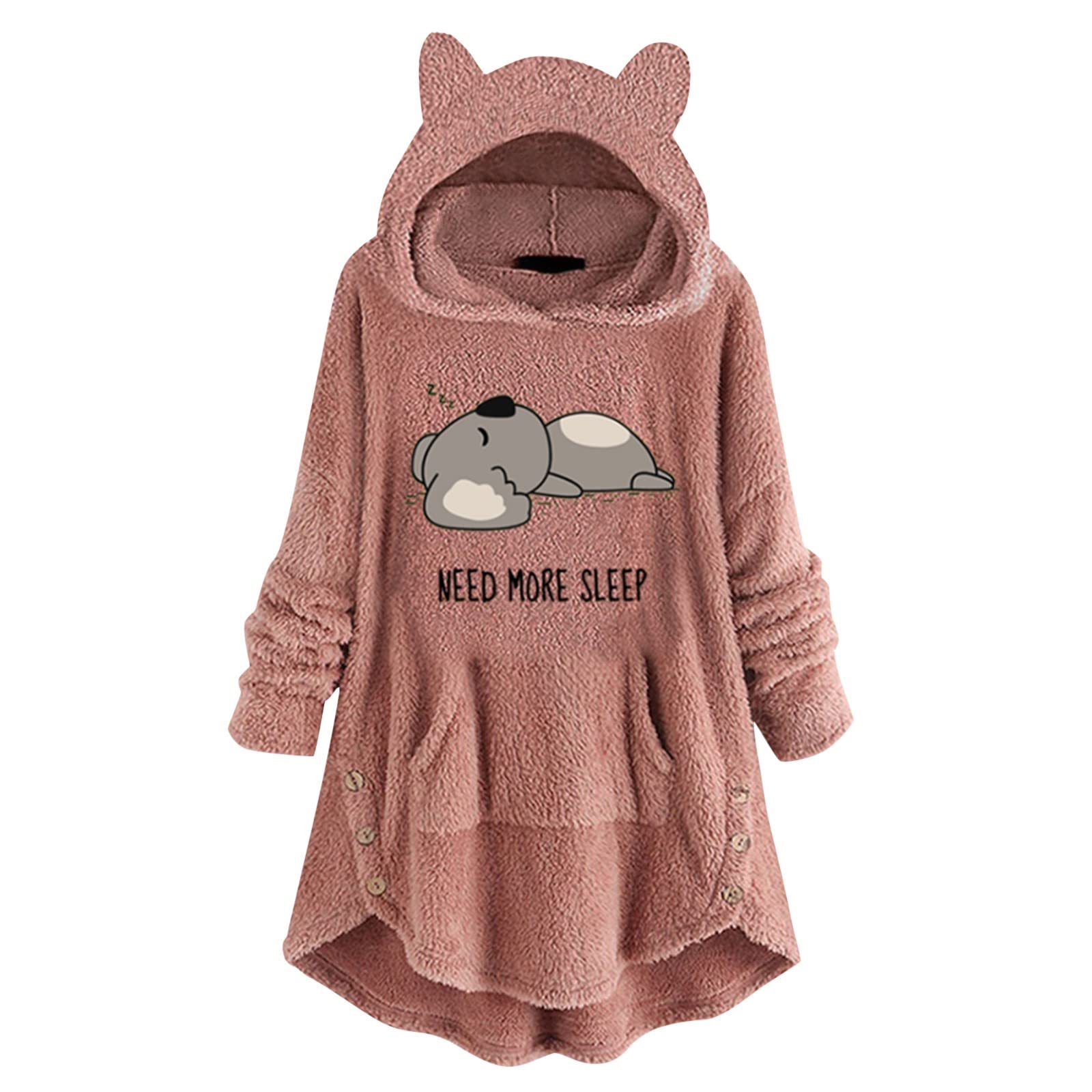 Women's Fleece Long Hoodie with Button Cat Pockets & Ear Hood - Cute Half Snap Pullover Sweatshirt for Casual Wear, Winter Fashion & Outdoor Activities